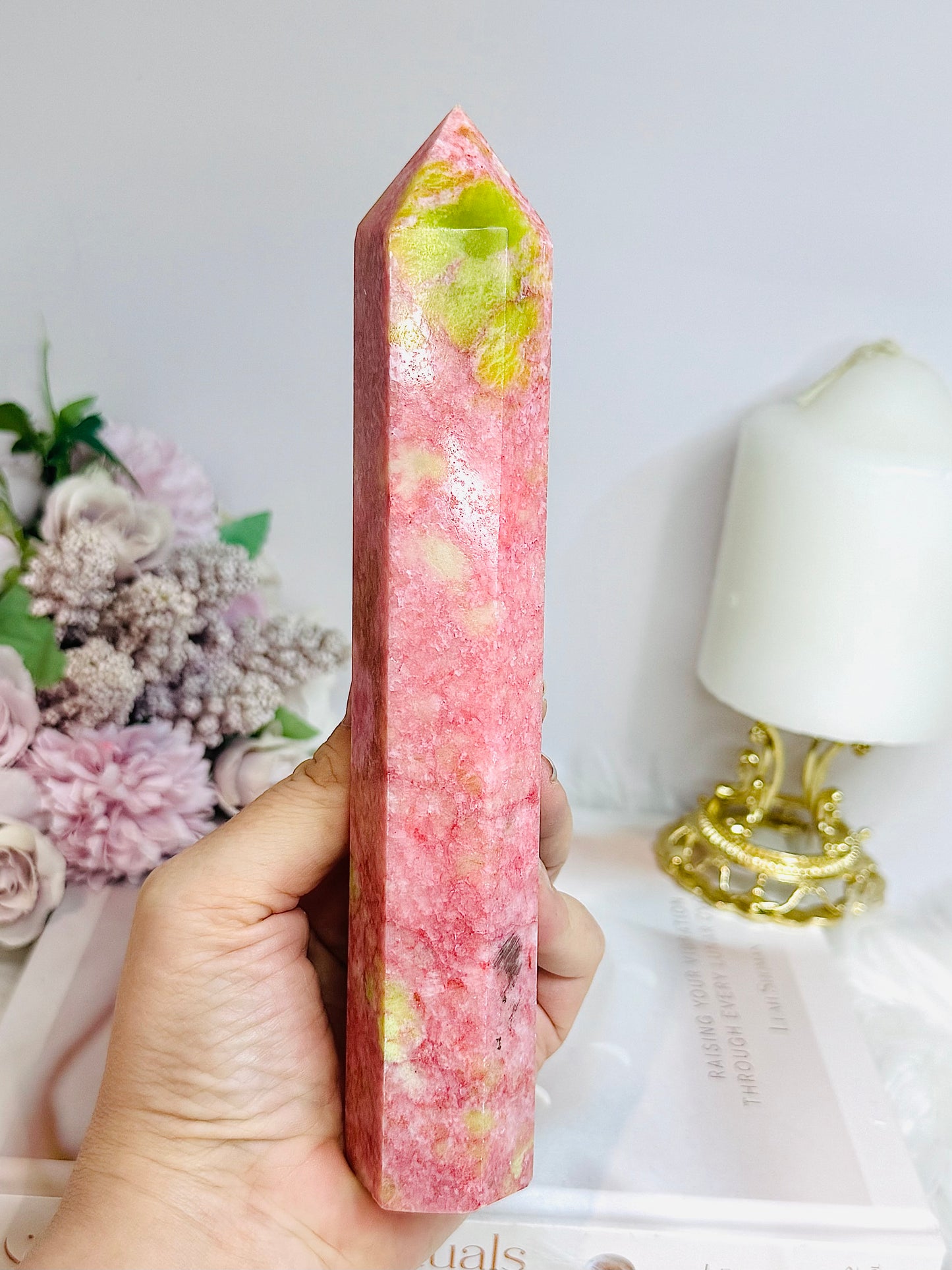 Rare Large Thulite Tower with Epidote Inclusions 19cm