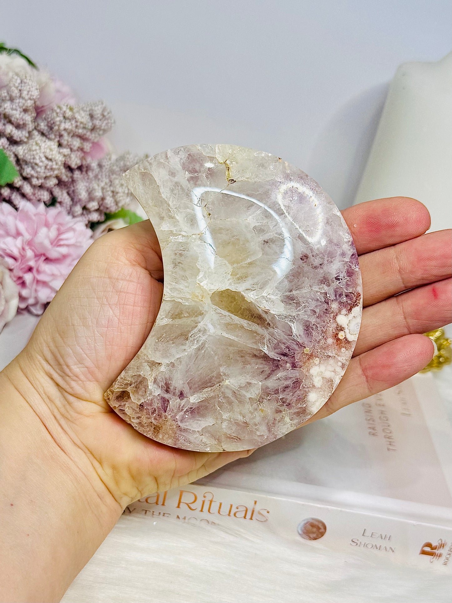 Druzy Pink Amethyst X Flower Agate Moon On Stand 17.5cm