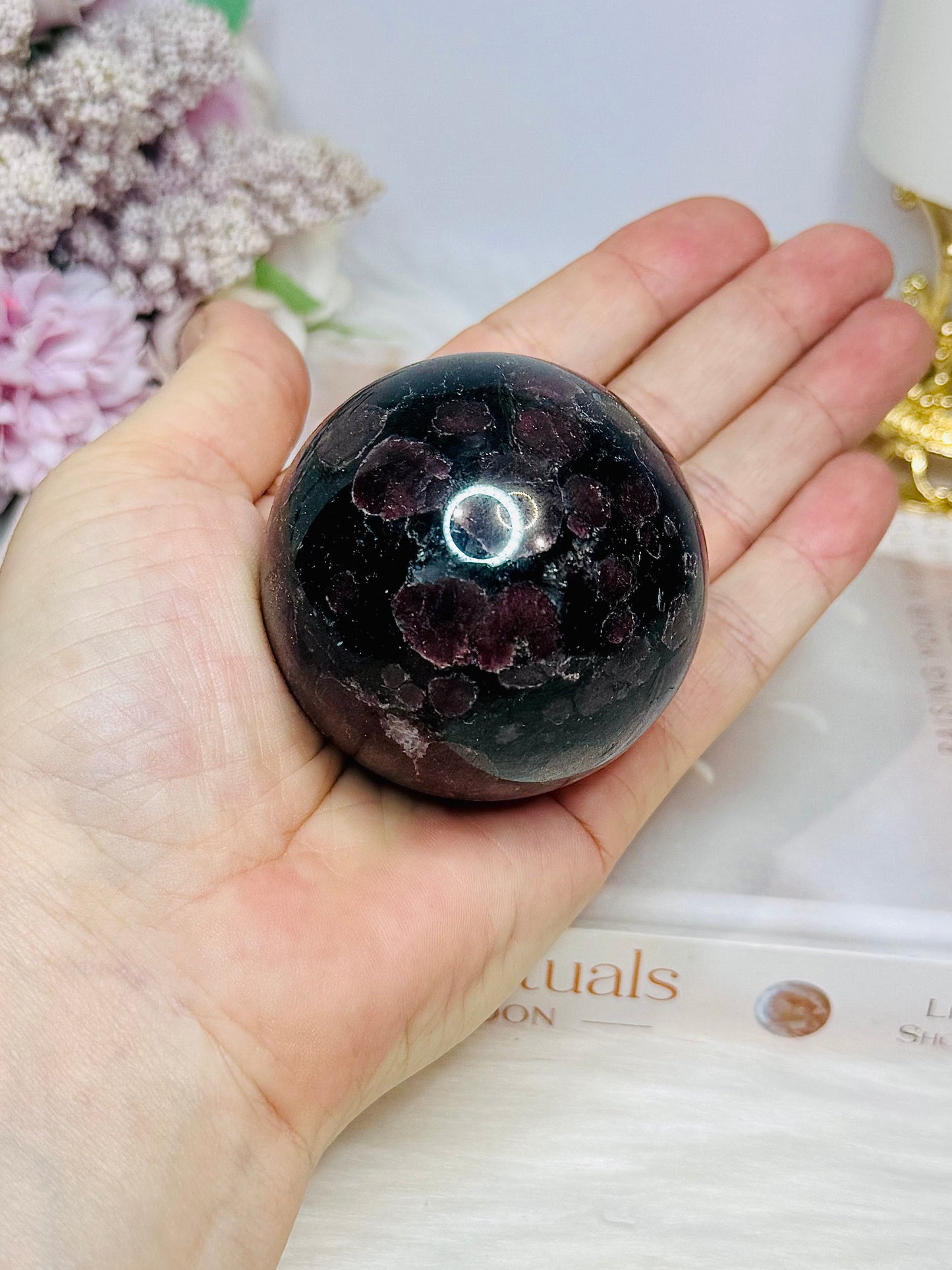 Garnet In Astrophyllite Sphere 282g On Stand