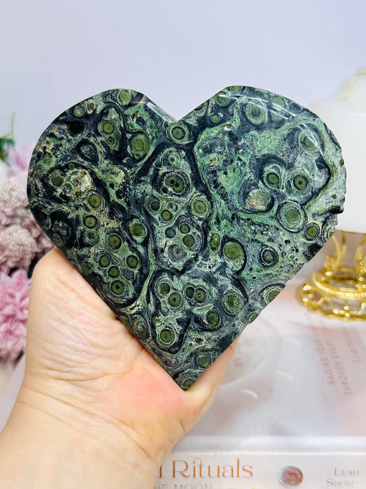 Large Kambaba Jasper Carved Heart On Stand 415g 12cm