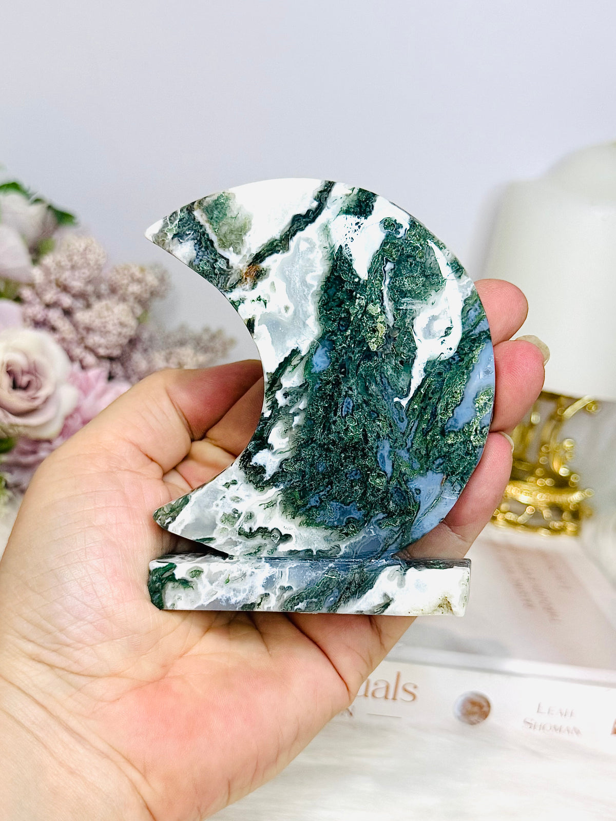 Moss Agate Druzy Moon On Stand 9.5cm 243g