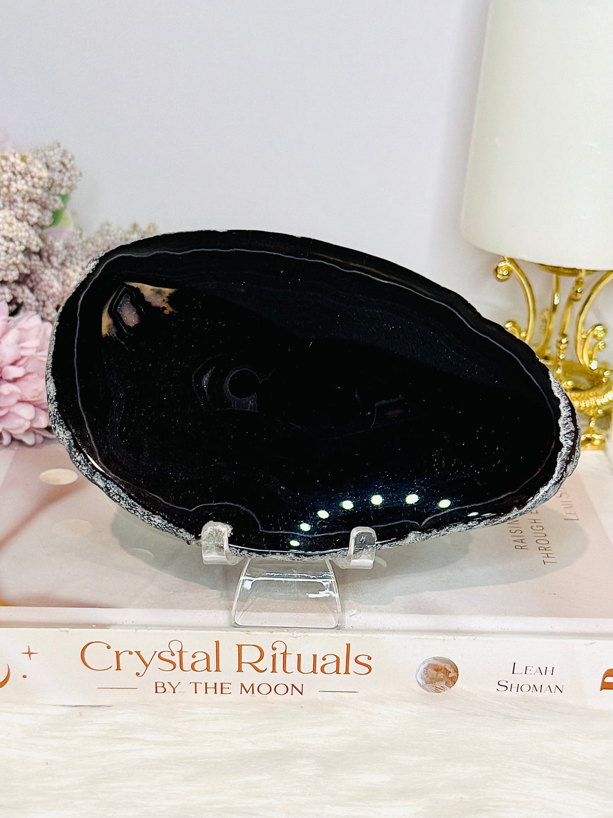 Large Black Agate Slice On Stand 14cm