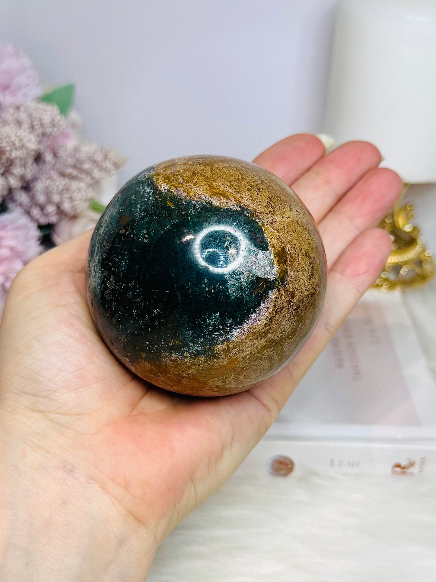 Large Ocean Jasper Sphere On Stand 516g