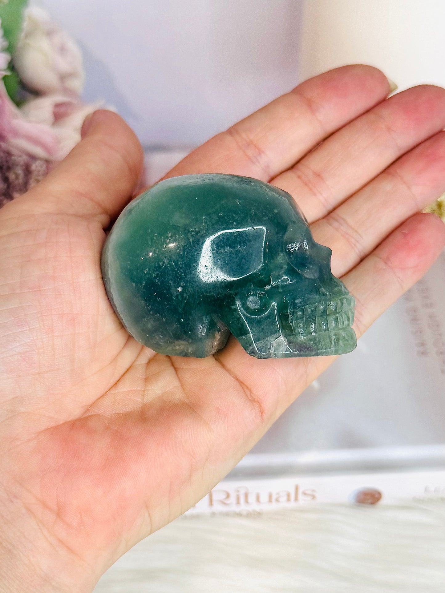 Beautiful Green Fluorite Carved Skull 7cm