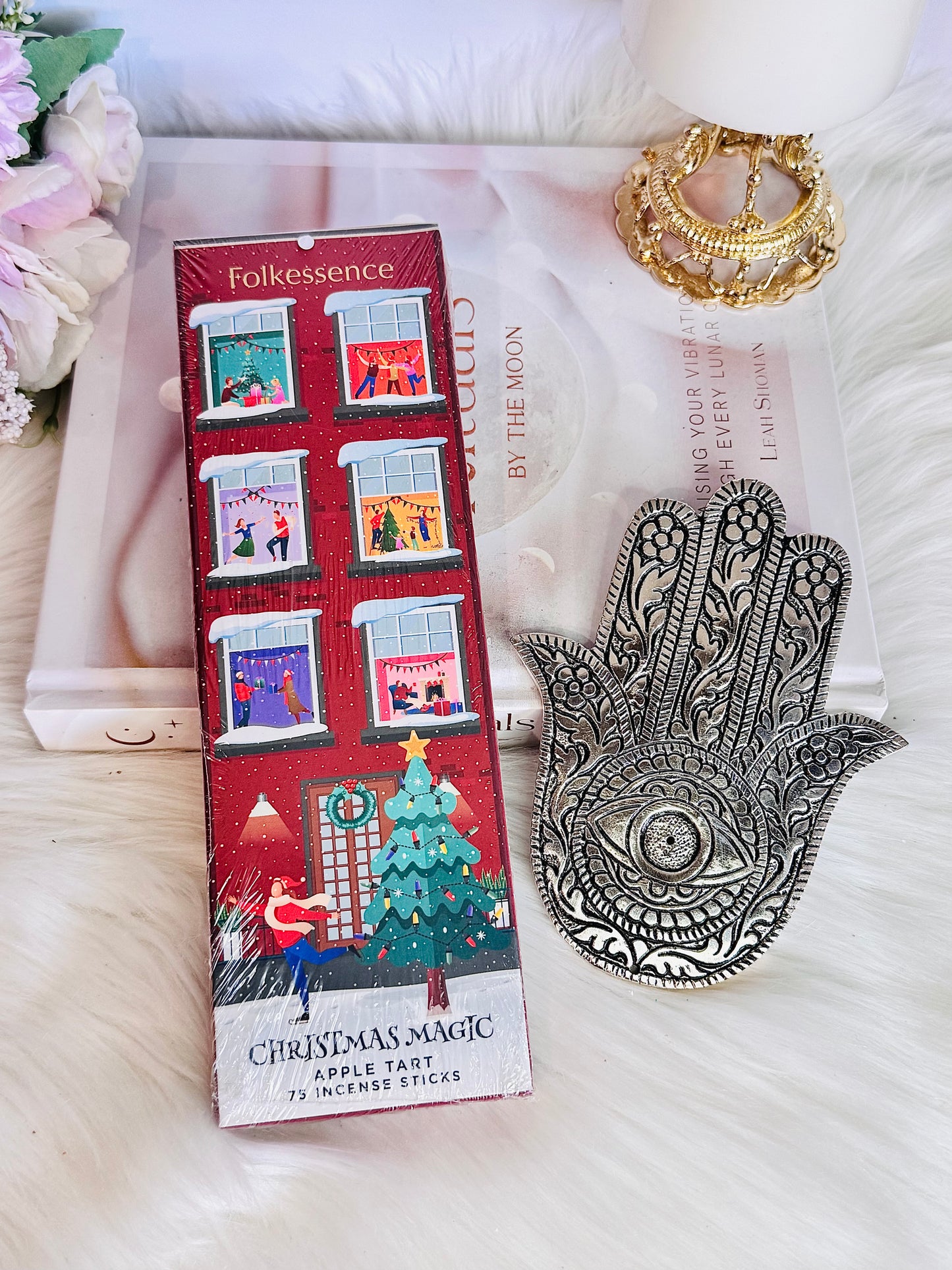 Christmas Gift Set ~ Incense Stick Pack 75 with Silver Large Hamsa Hand Burner