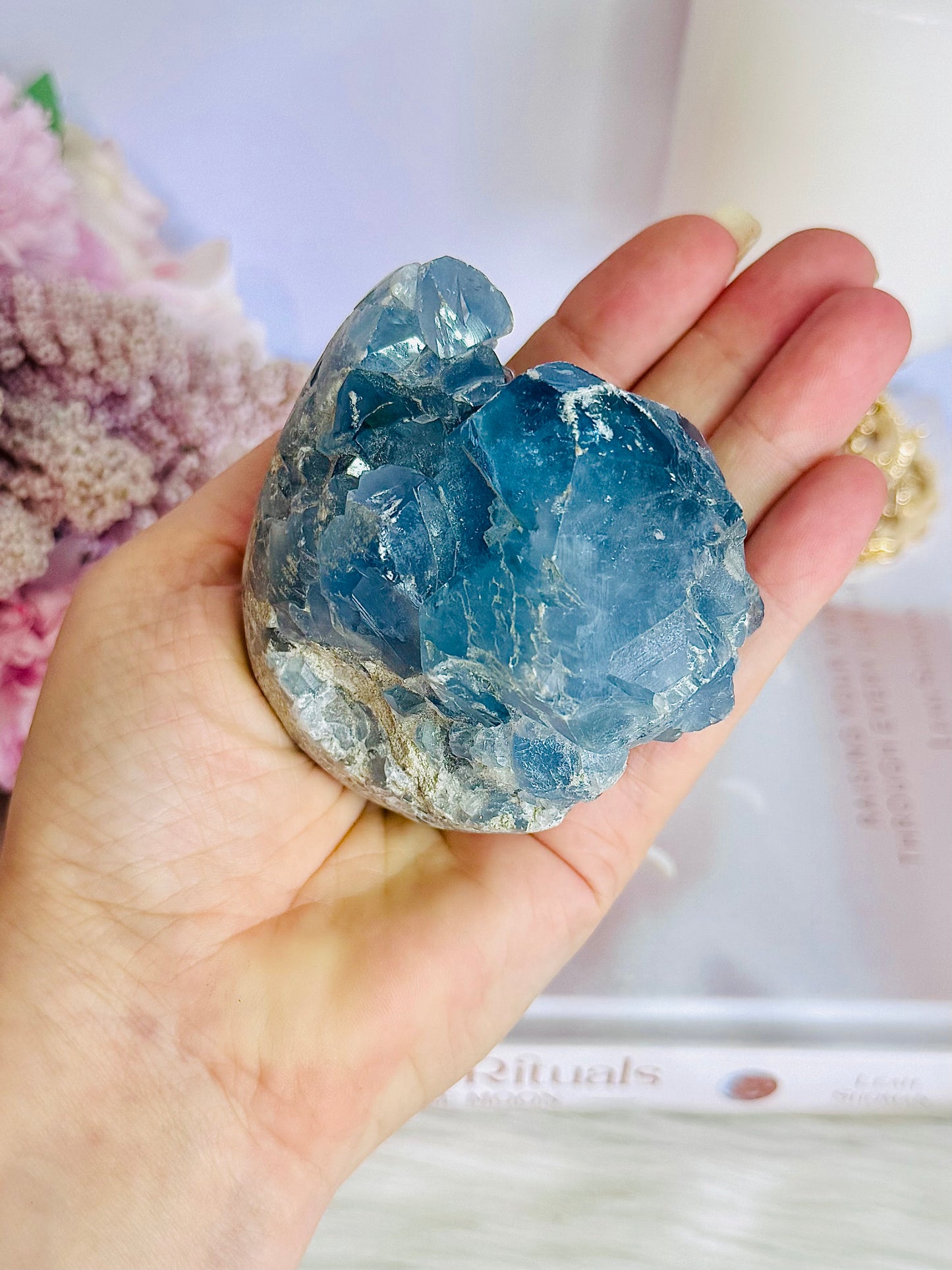 Blue Celestite Chunky Natural Druzy Freeform On Stand 535grams