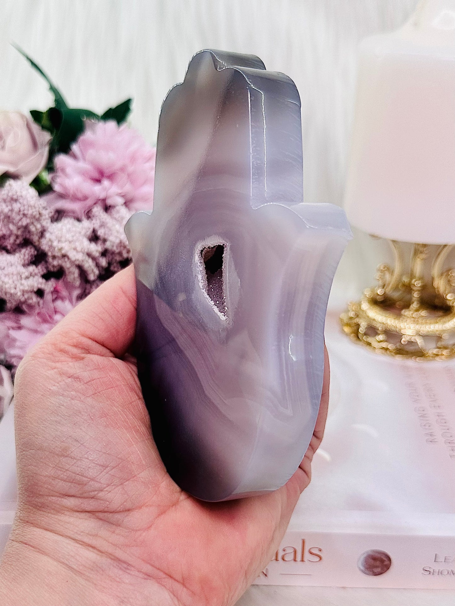 Gorgeous Large Chunky Druzy Agate Carved Hamsa Hand