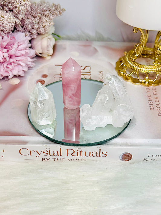 Gift Set ~ Mirror Tray 10cm Rose Quartz & Clear Quartz Towers