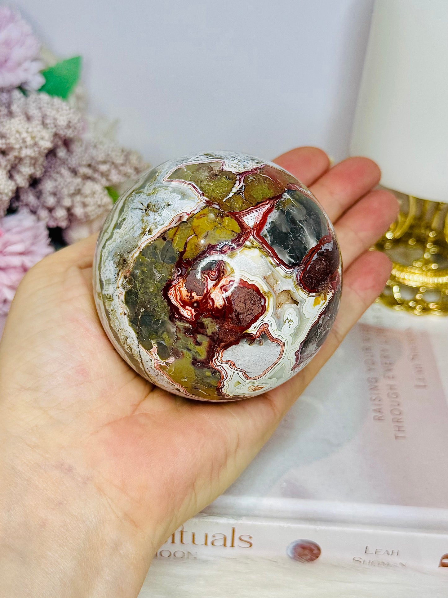 Large Mexican Crazy Lace Agate Druzy Sphere On Stand 552grams