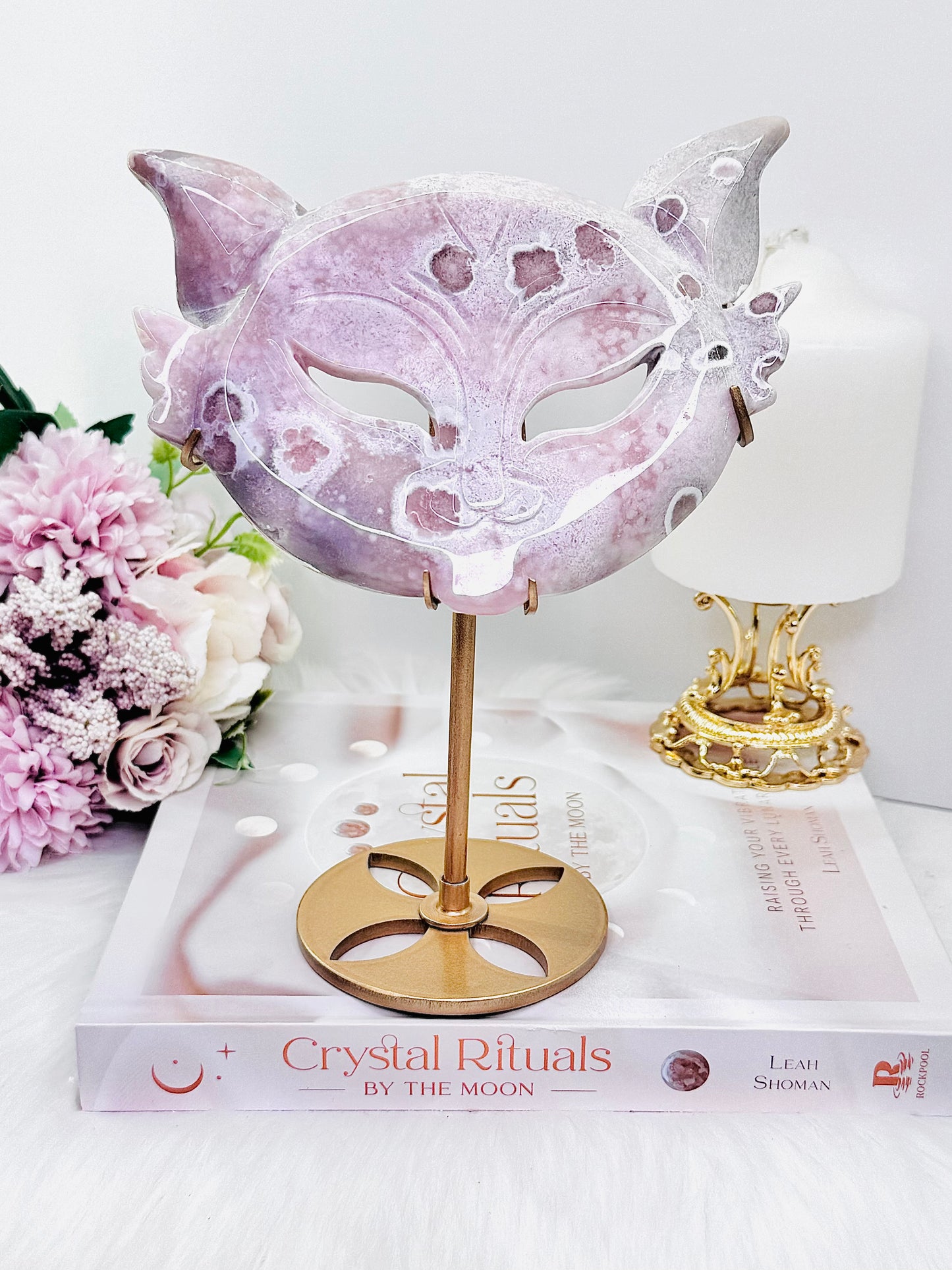 Wowww!!!!! Absolutely Incredible Large 20cm (Inc Stand) High Grade Pink Amethyst Cat Mask On Gold Stand