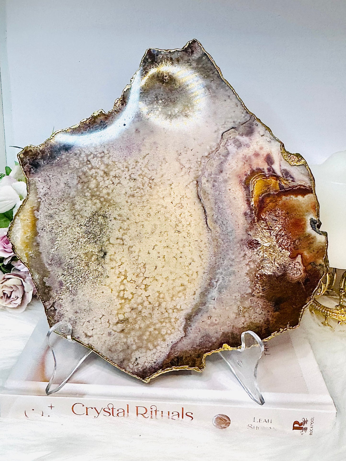 A Collectors Piece ~ High Grade Natural Pink Amethyst Druzy Slice | Slab with Gold Plating on Stand 24cm 689g
