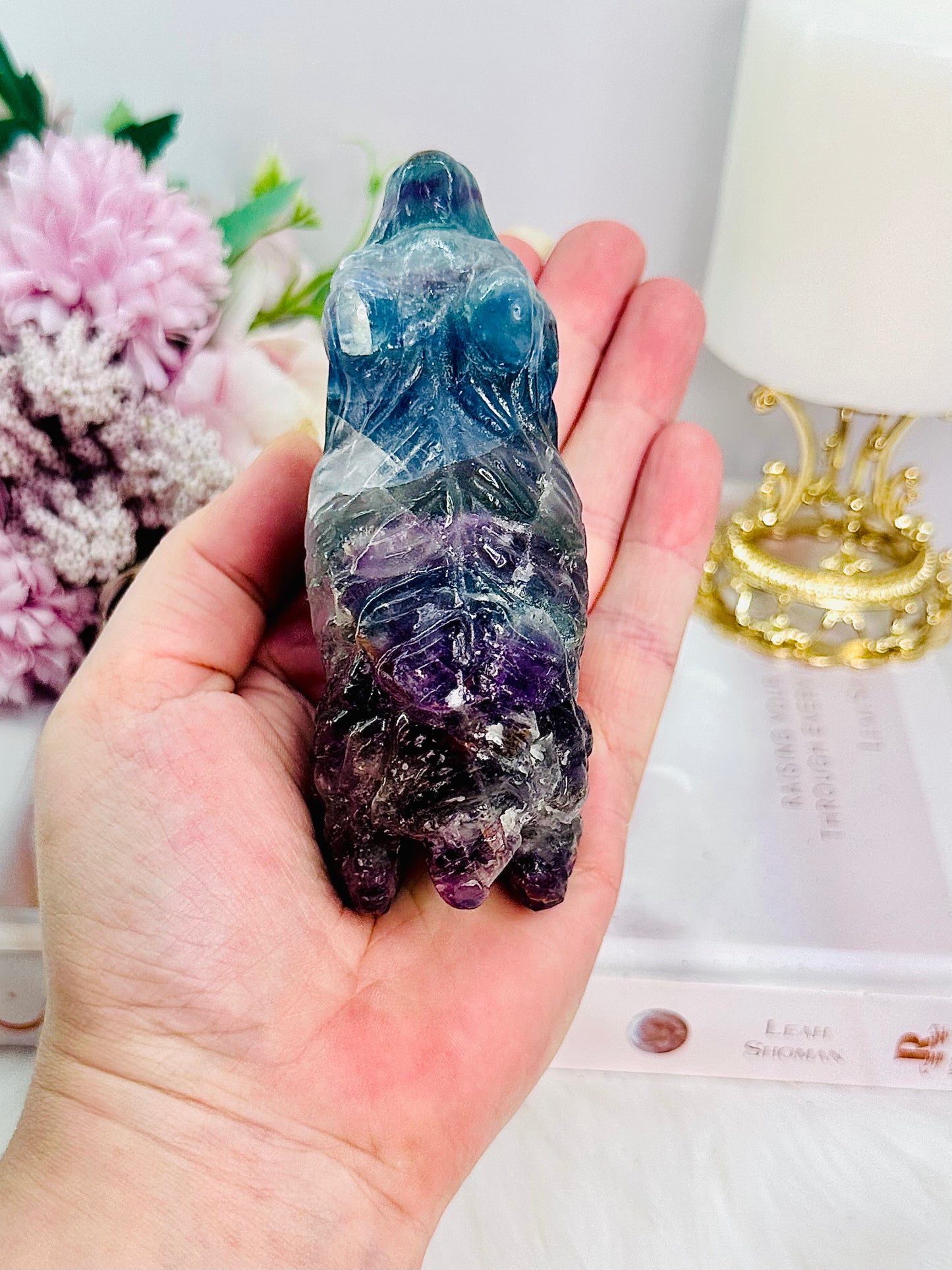 Beautiful Carved Rainbow Fluorite Bear 368grams