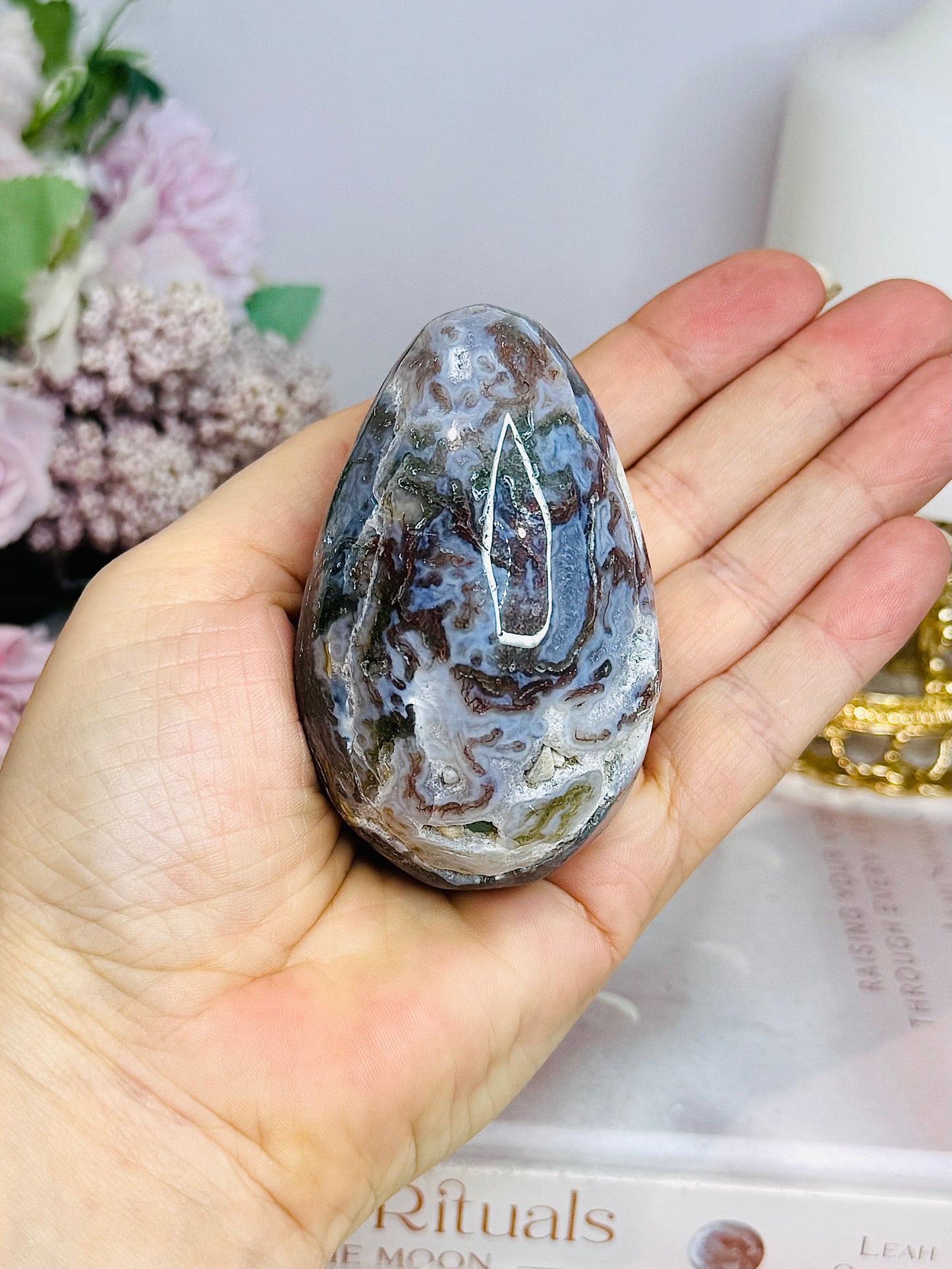 Druzy Moss Agate Carved Egg On Stand 206g