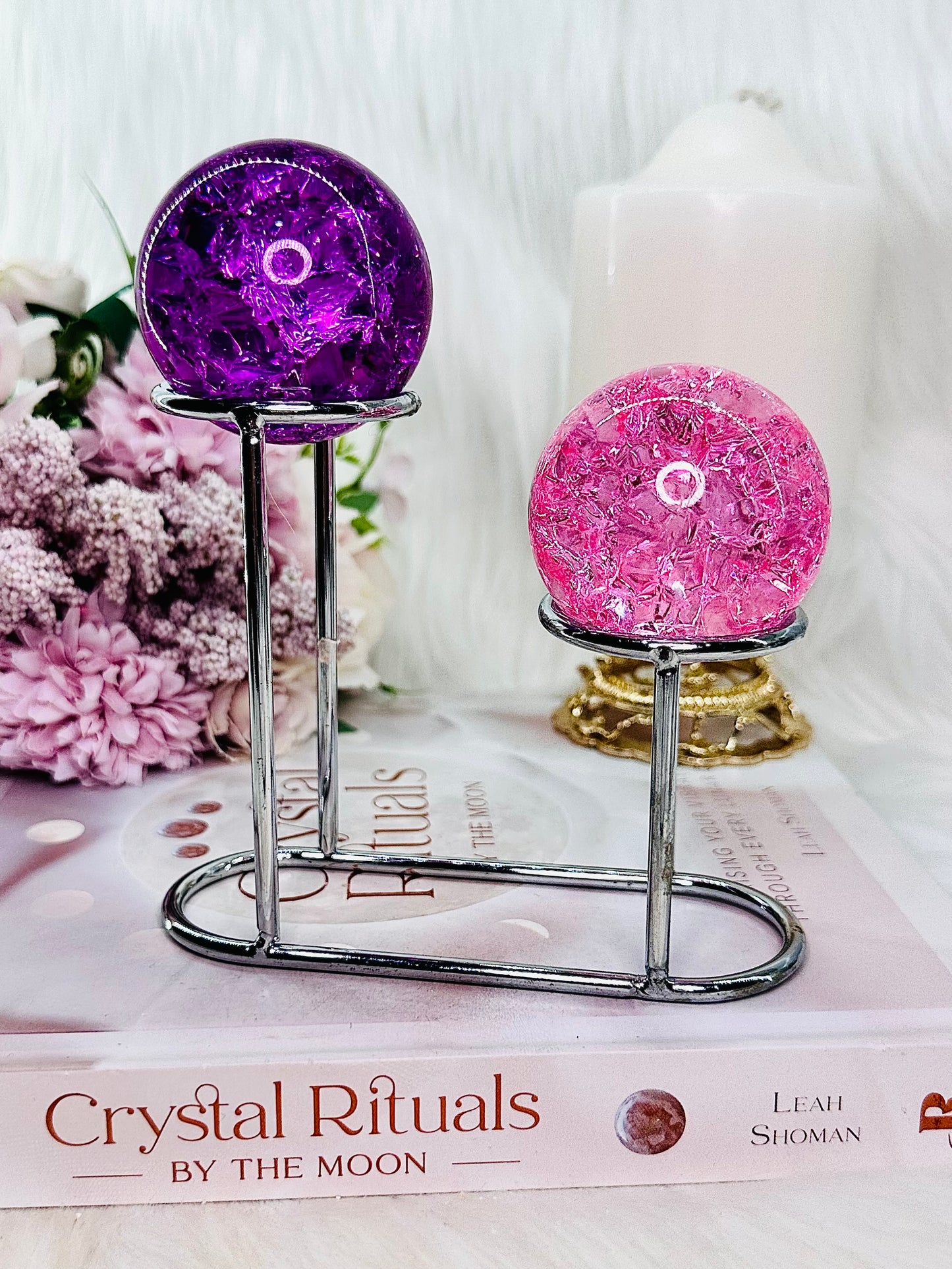 Beautiful Set of 2 Fire & Ice Sphere Pink & Purple On Silver Stand 15cm