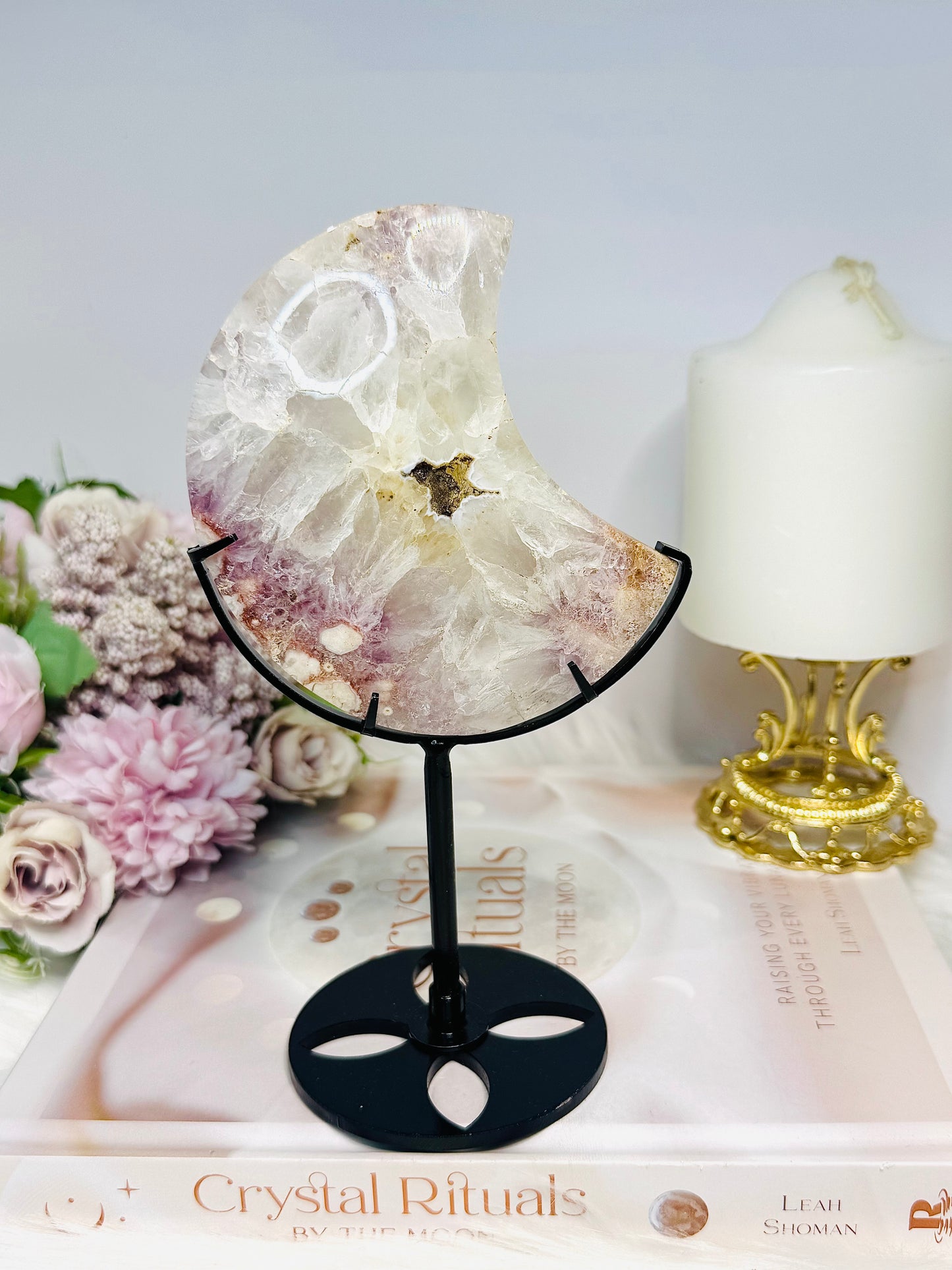Druzy Pink Amethyst X Flower Agate Moon On Stand 17.5cm