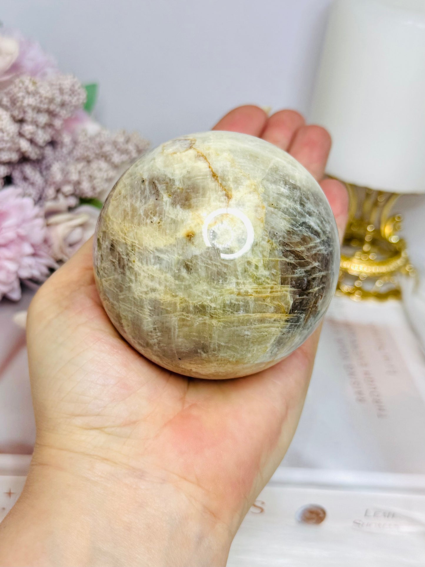 Large Moonstone Sphere with Blue Flash on Stand 520g