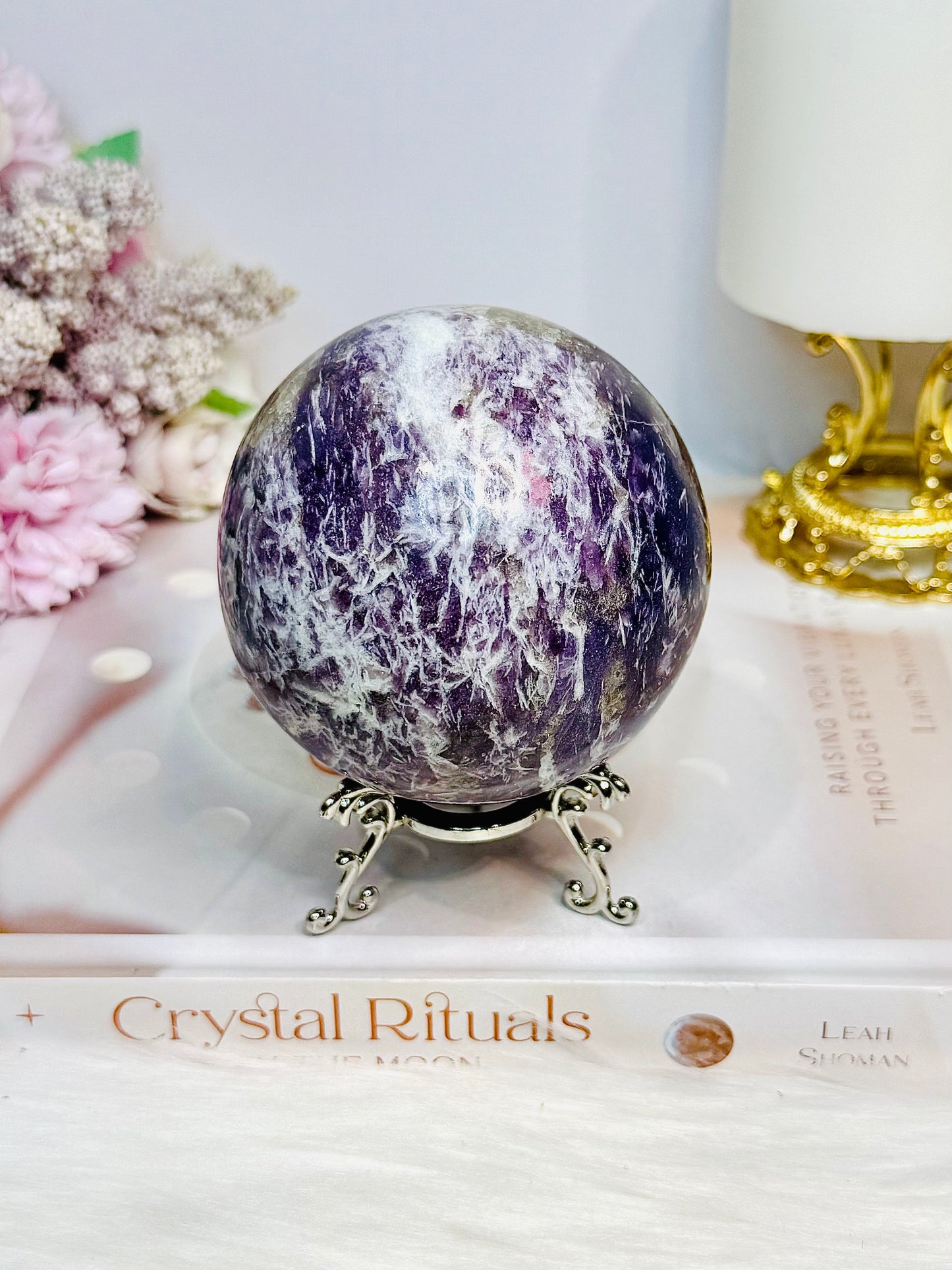 Natural Large Pegmatite | Unicorn Stone (Lepidolite, Pink Tourmaline, Smoky Quartz and Cleavelandite) Sphere on Stand 661g