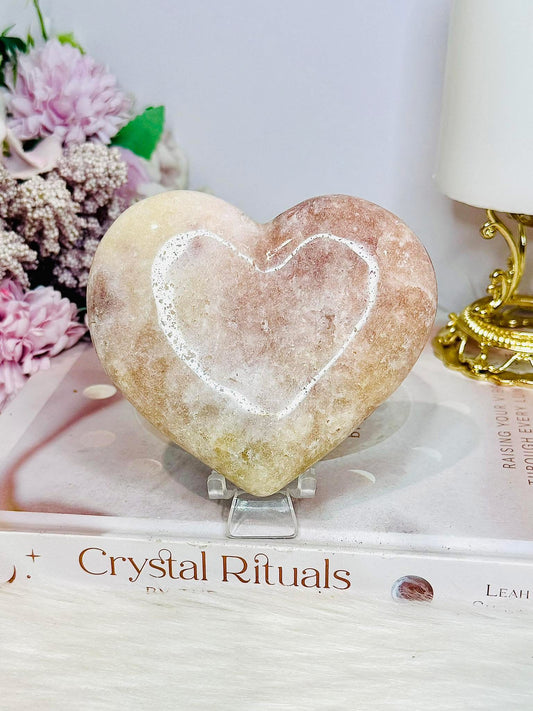 Large Chunky Pink Amethyst Carved Heart on Stand 10cm