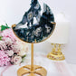 Incredible Tall 20cm Druzy Moss Agate Wolf on Moon Carving on Gold Stand