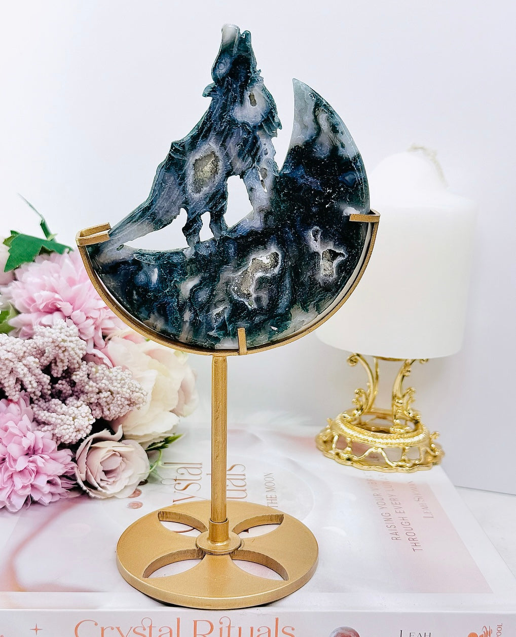 Incredible Tall 20cm Druzy Moss Agate Wolf on Moon Carving on Gold Stand