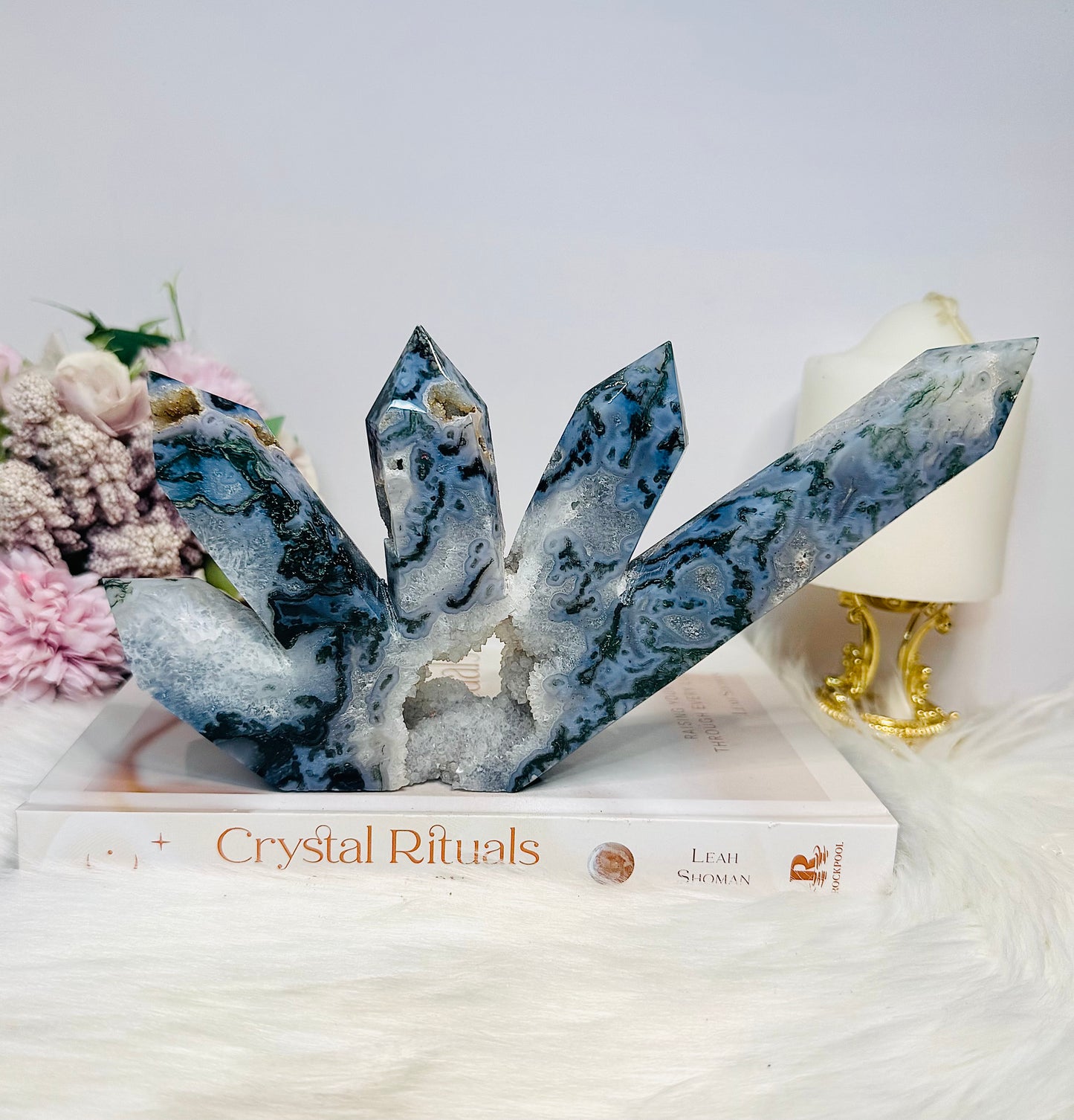 Moss Agate Druzy 5 Point Tower 22cm 638g