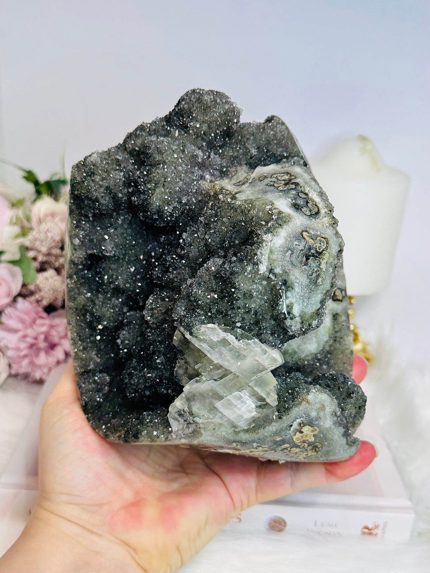 Huge Natural Green Amethyst | Prasiolite Specimen with Calcite Inclusions 16.5cm  2.45KG