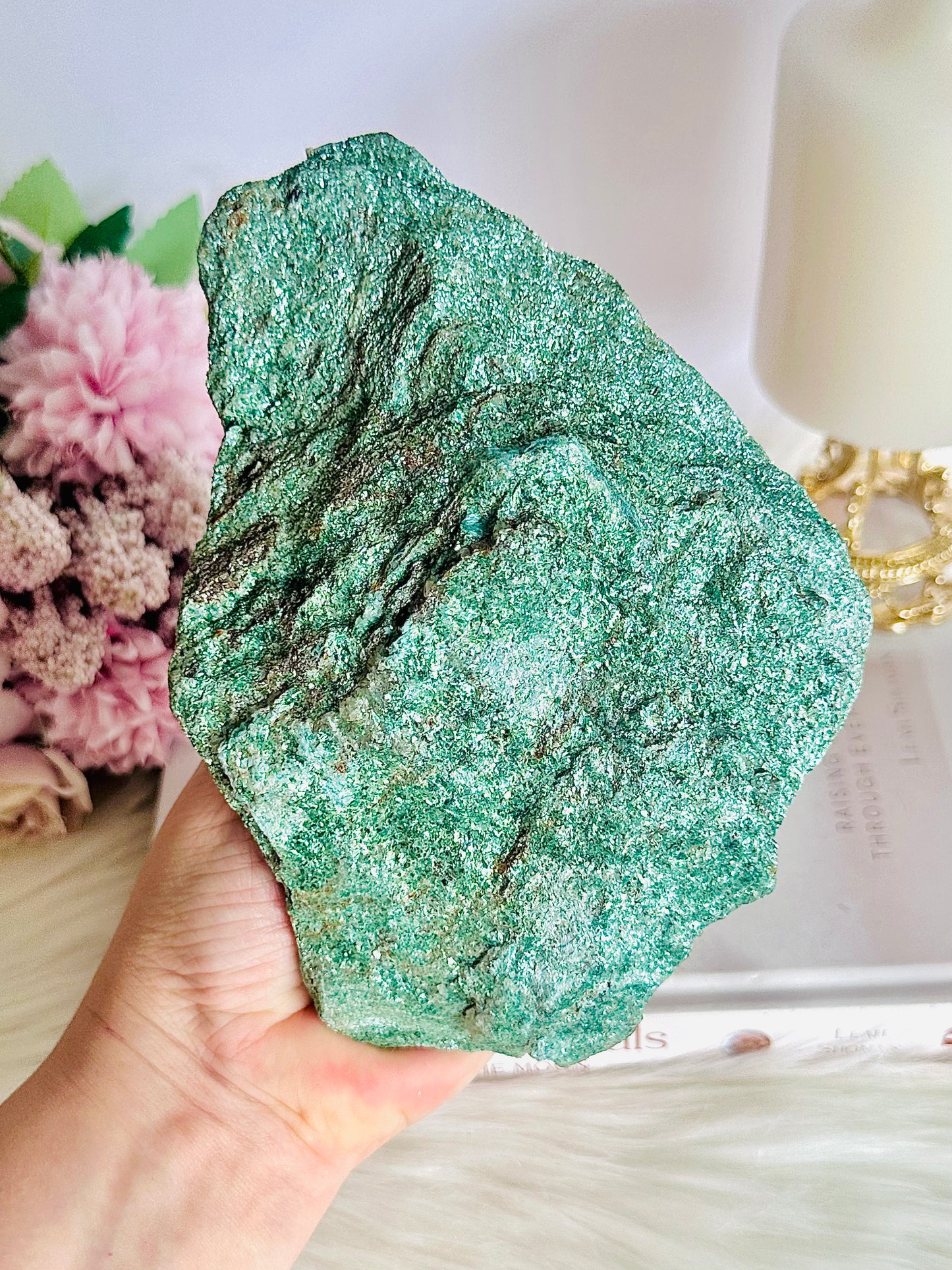 ⚜️ SALE ⚜️ Wow! Incredibly Gorgeous Sparkling High Grade Fuchsite Specimen 899grams On Silver Stand 20cm Tall (rose gold sold out)