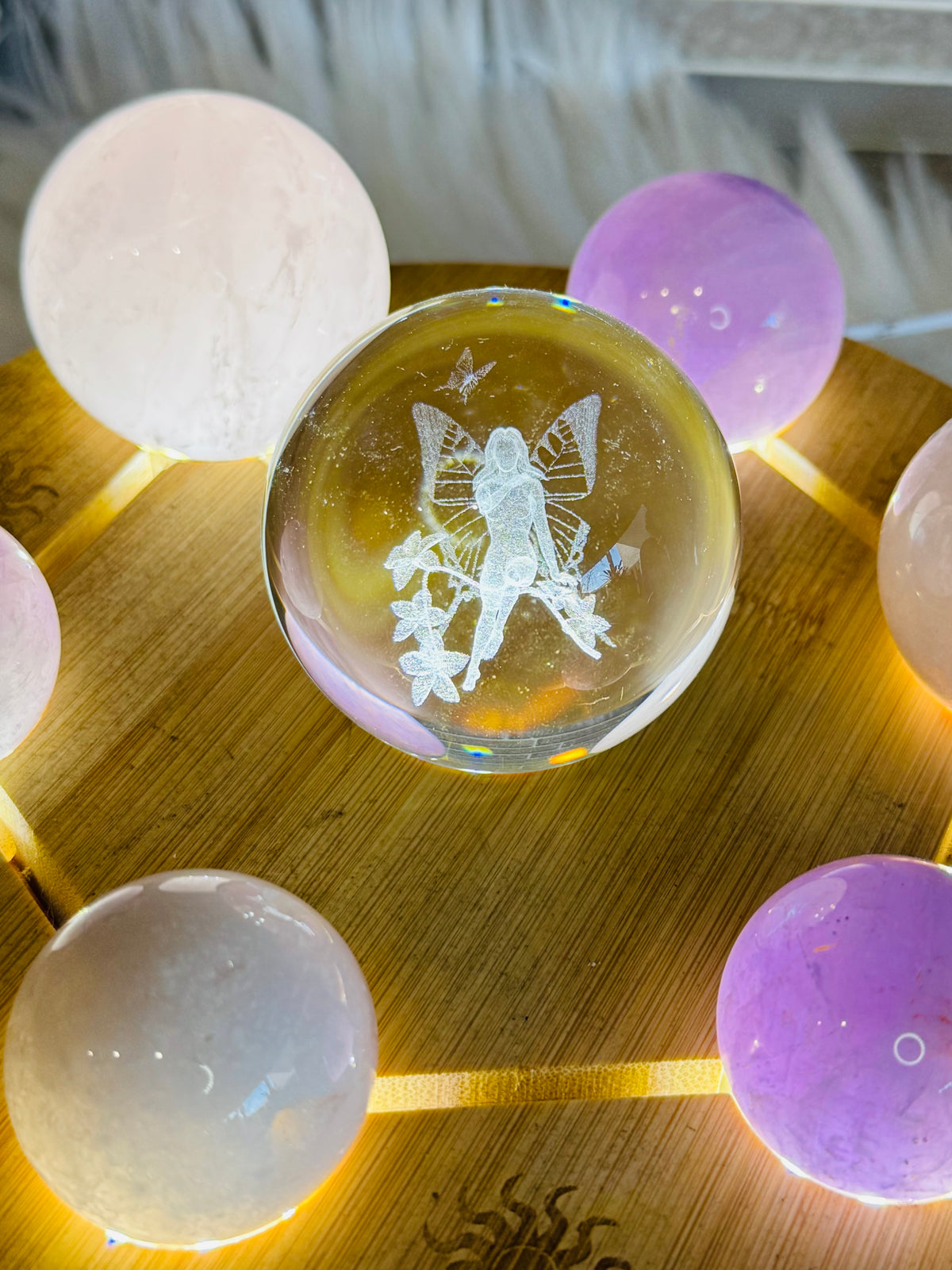 Feminine Energy ~ Large Light Stand 20cm with Glass Fairy Sphere, 3 Amethyst Spheres, Rose Quartz Sphere & 2 Pink Amethyst Spheres