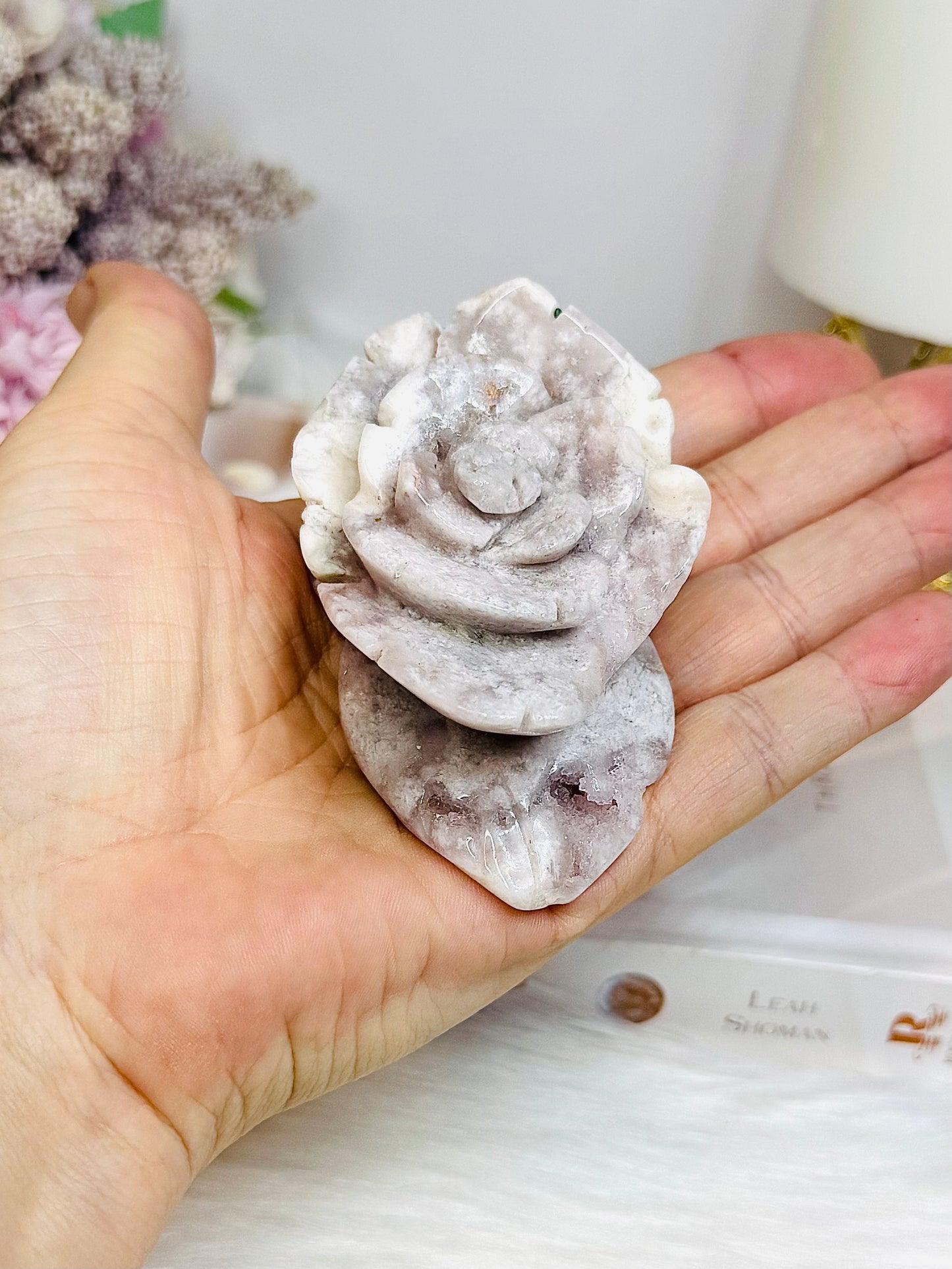 Flower Agate Carved Rose on Stand 8.5cm