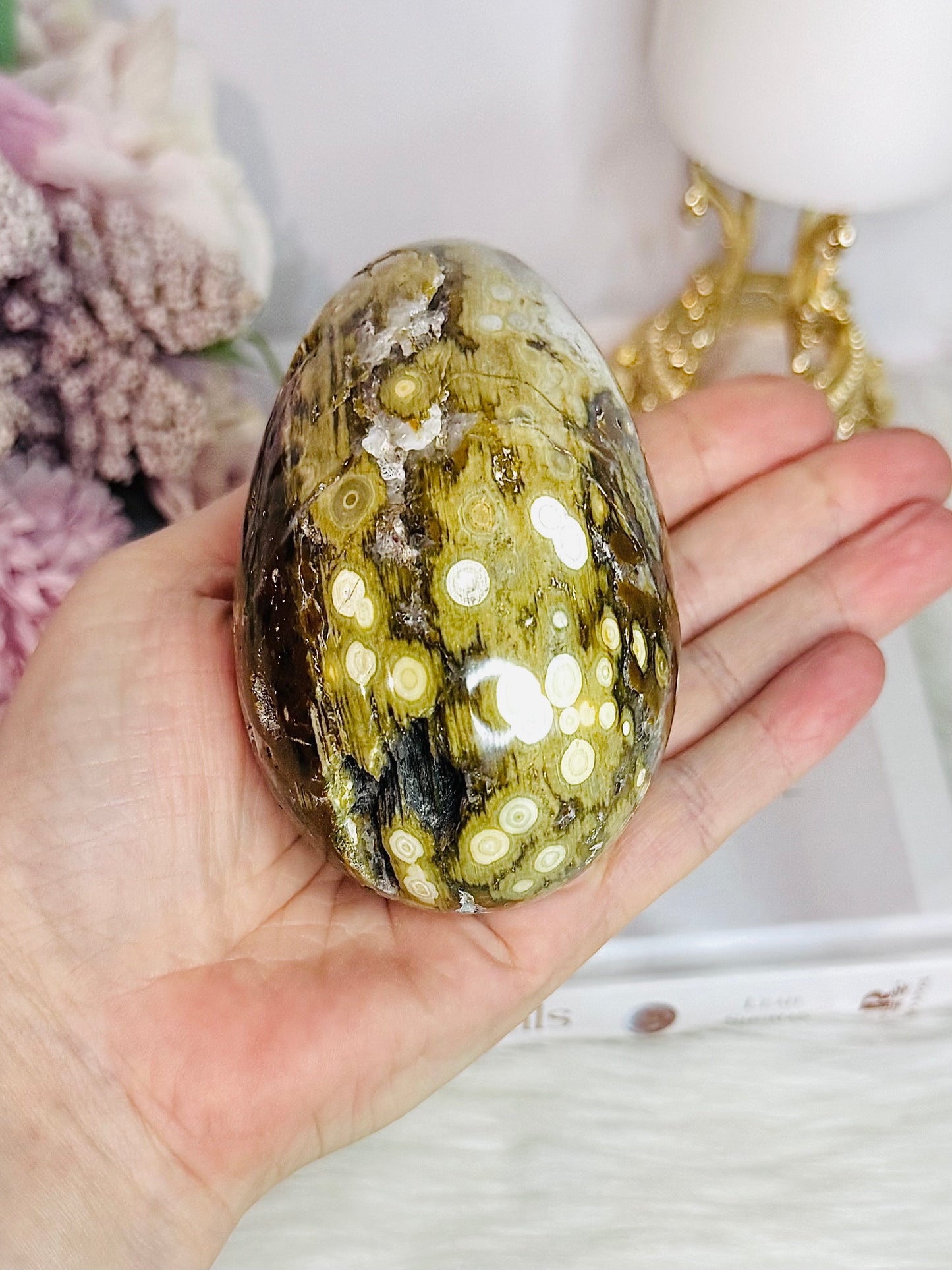Large Orbicular Ocean Jasper Druzy Egg On Stand 423g