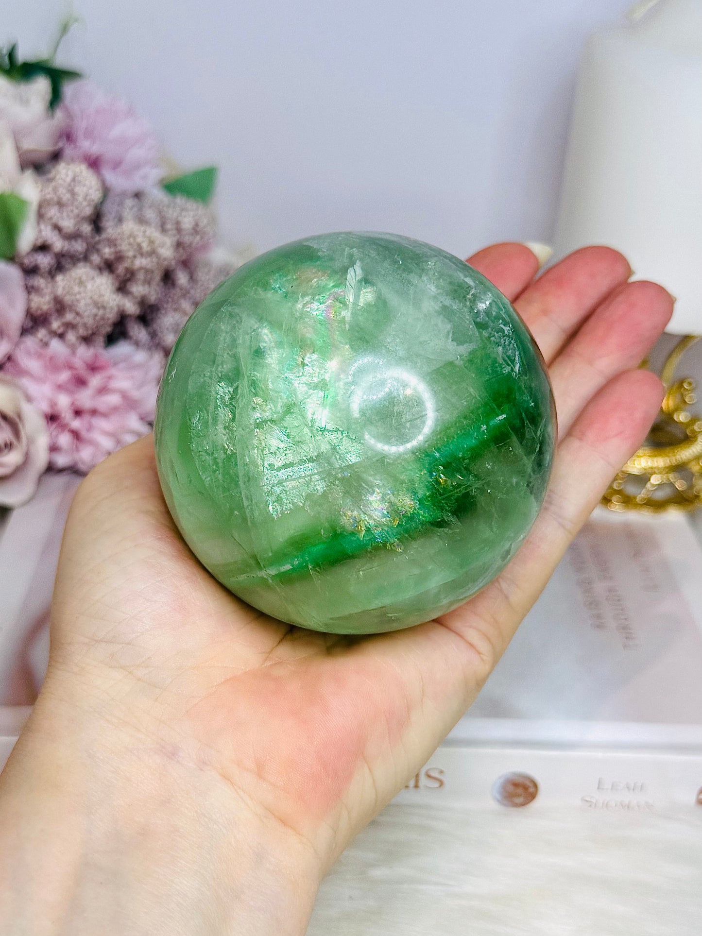 Large Green Fluorite Sphere Full of Rainbows 777g