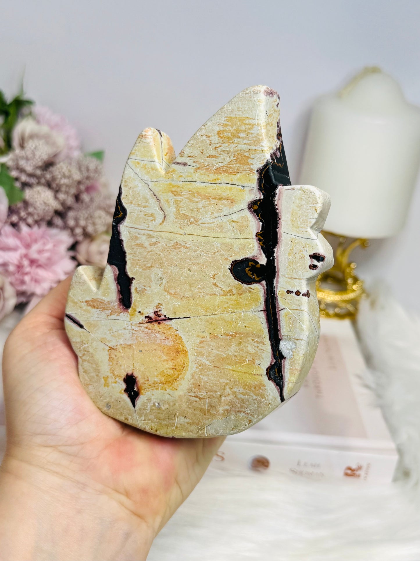 Large Chunky Picture Jasper Carved Flame on Stand 12.5cm 373g