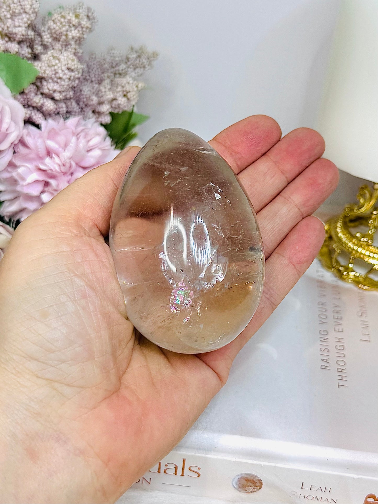 Large Quartz Egg On Stand with Rainbows 280g