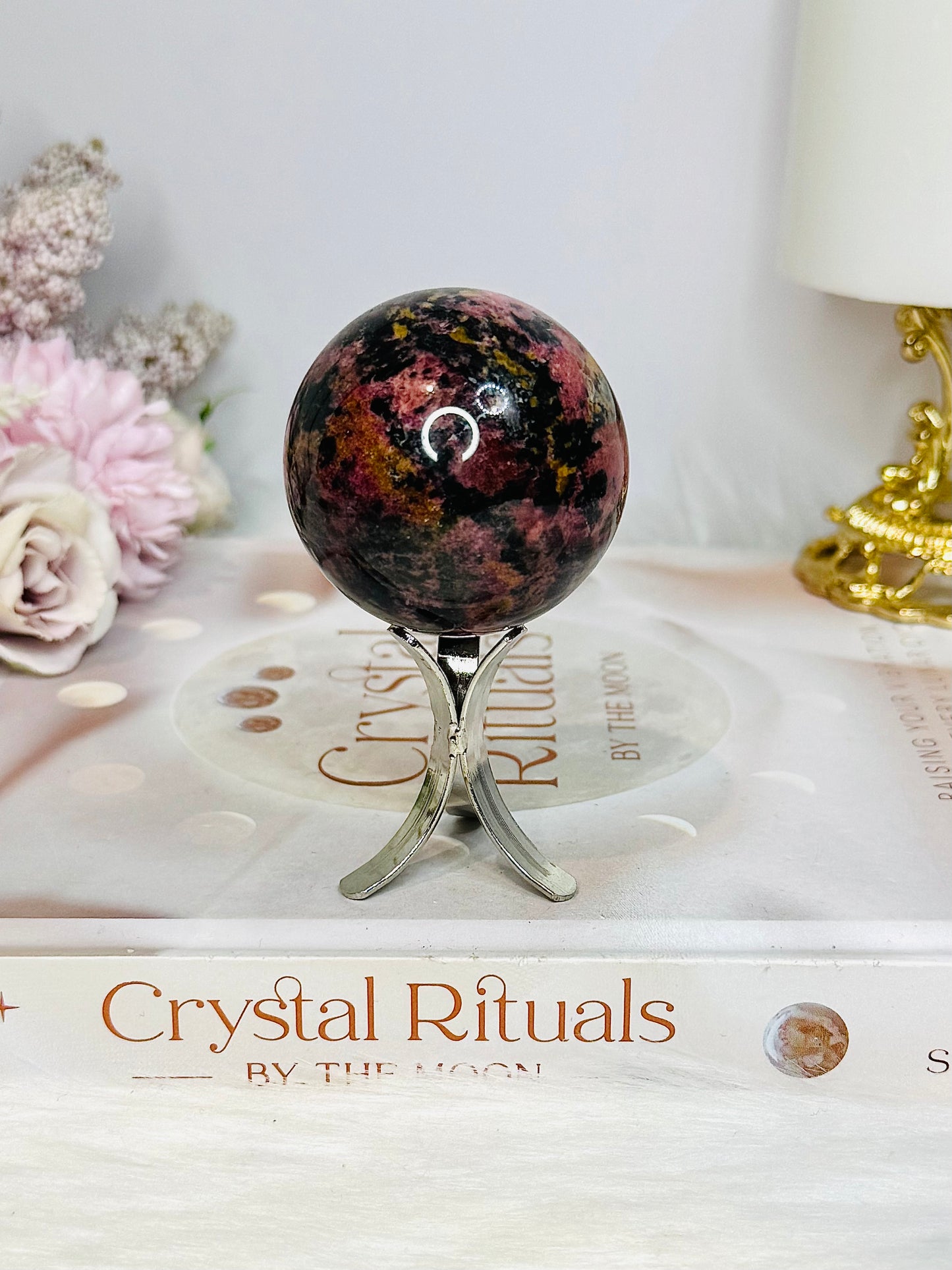 High Grade Rhodonite Sphere on Stand