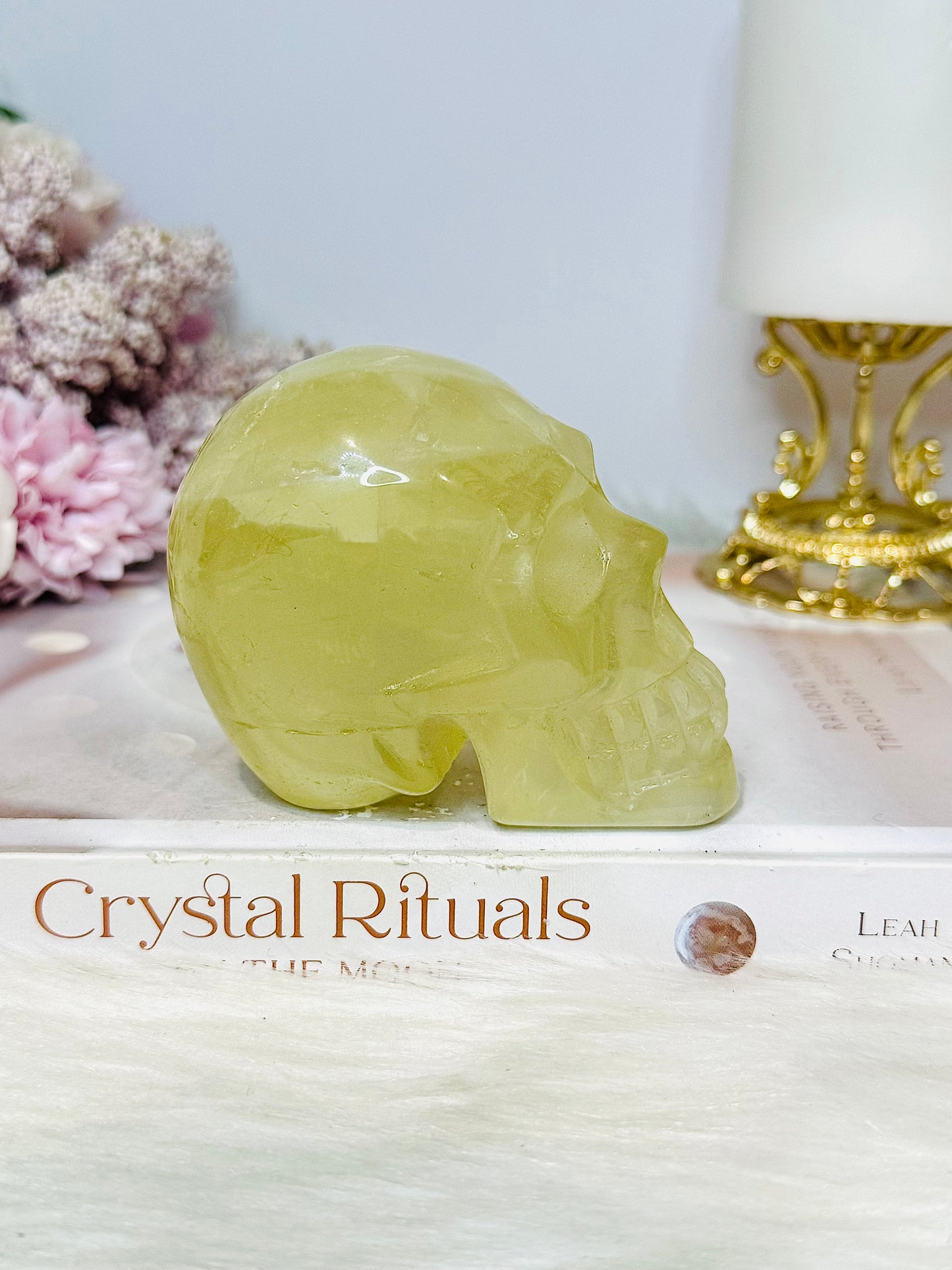 Citrine Carved Skull with Rainbows 8cm 399g