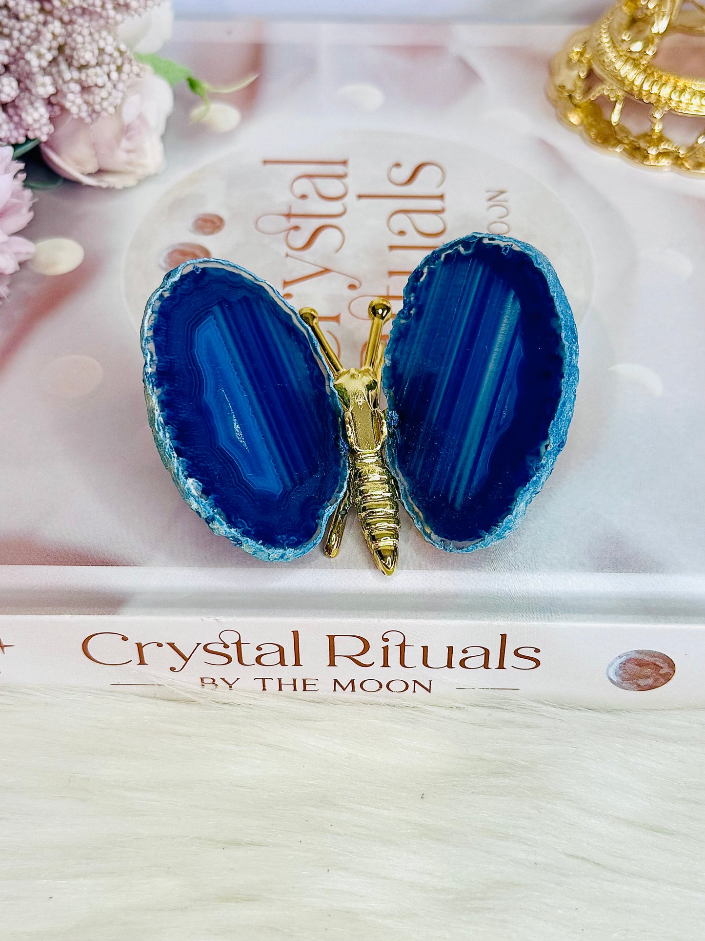 Beautiful Blue (dyed) & Gold Agate Butterfly