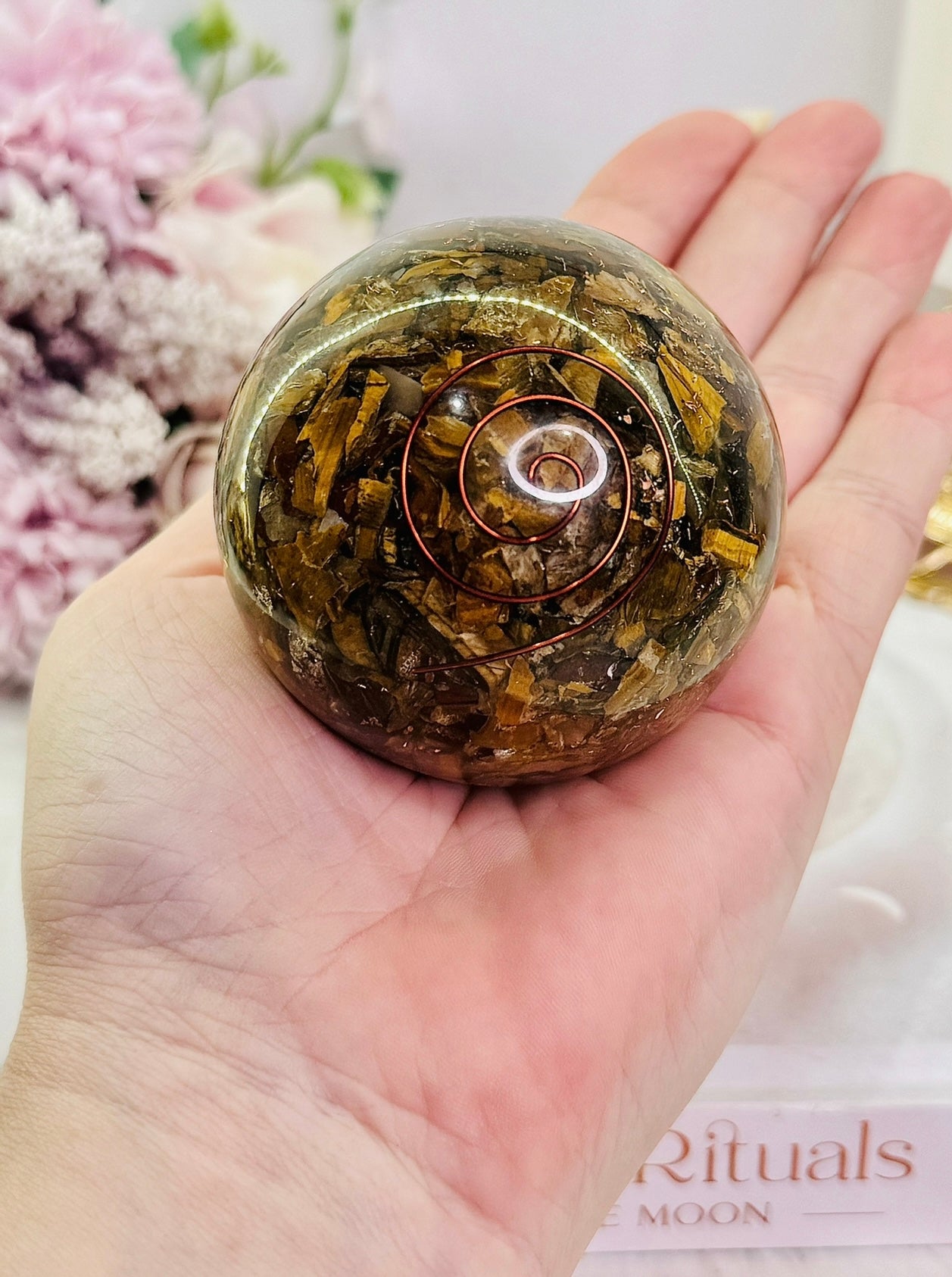 Gorgeous Tigers Eye Filled Orgonite Sphere On Stand