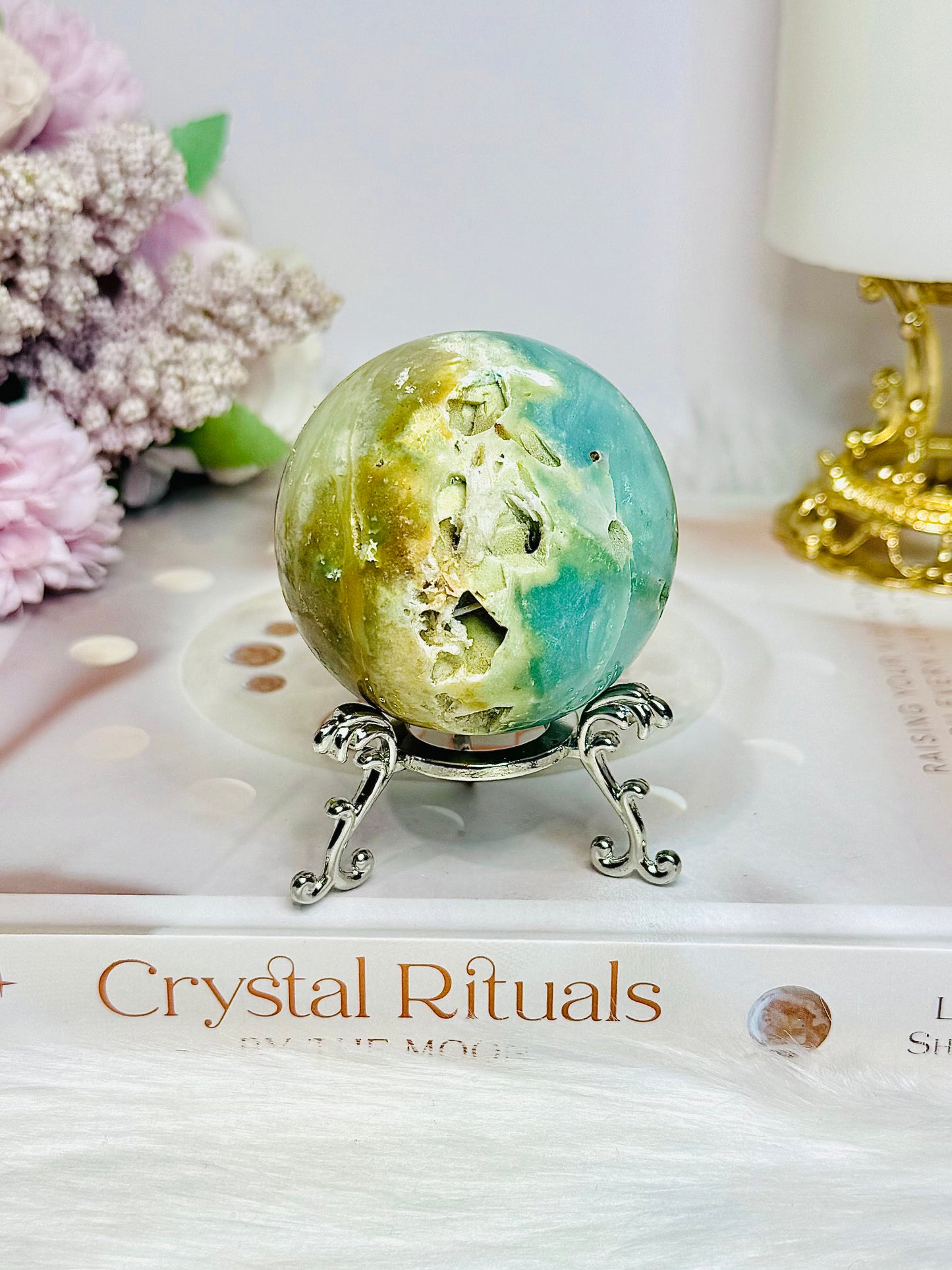 Sky Blue Quartz Druzy Sphere on Stand 224g
