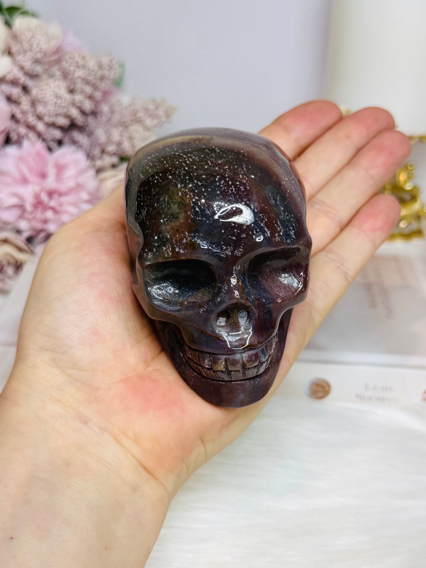 Large Ocean Jasper Carved Skull 8.5cm 428g