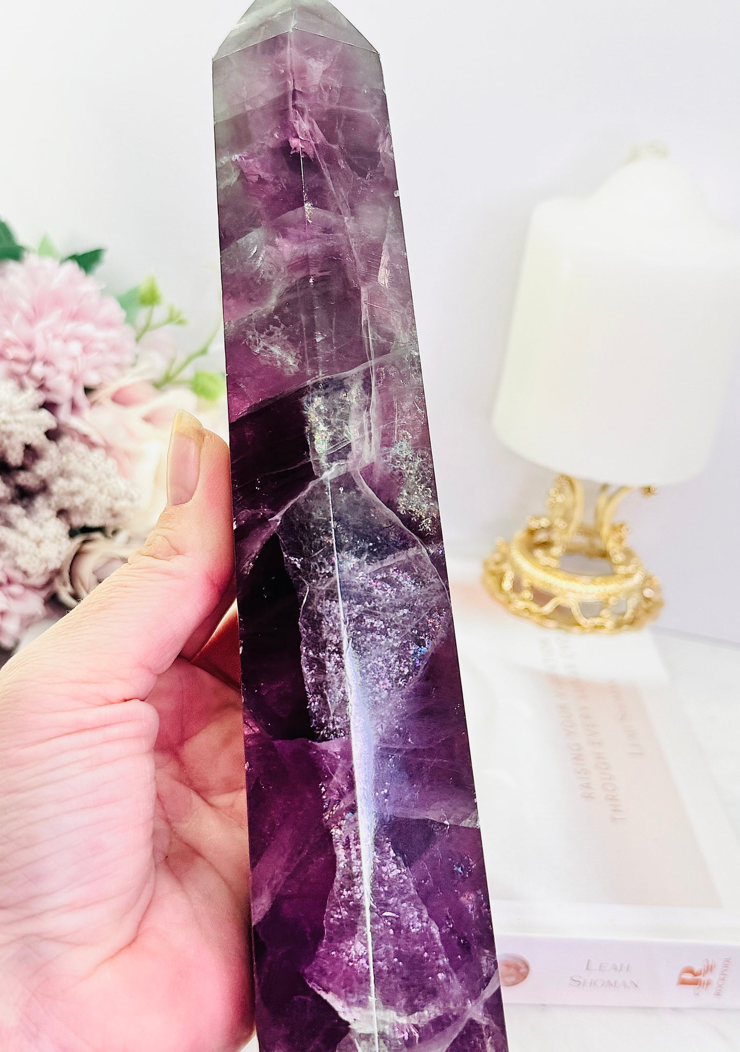 Fabulous Tall 23.5cm 968gram Purple Fluorite Tower with Rainbows