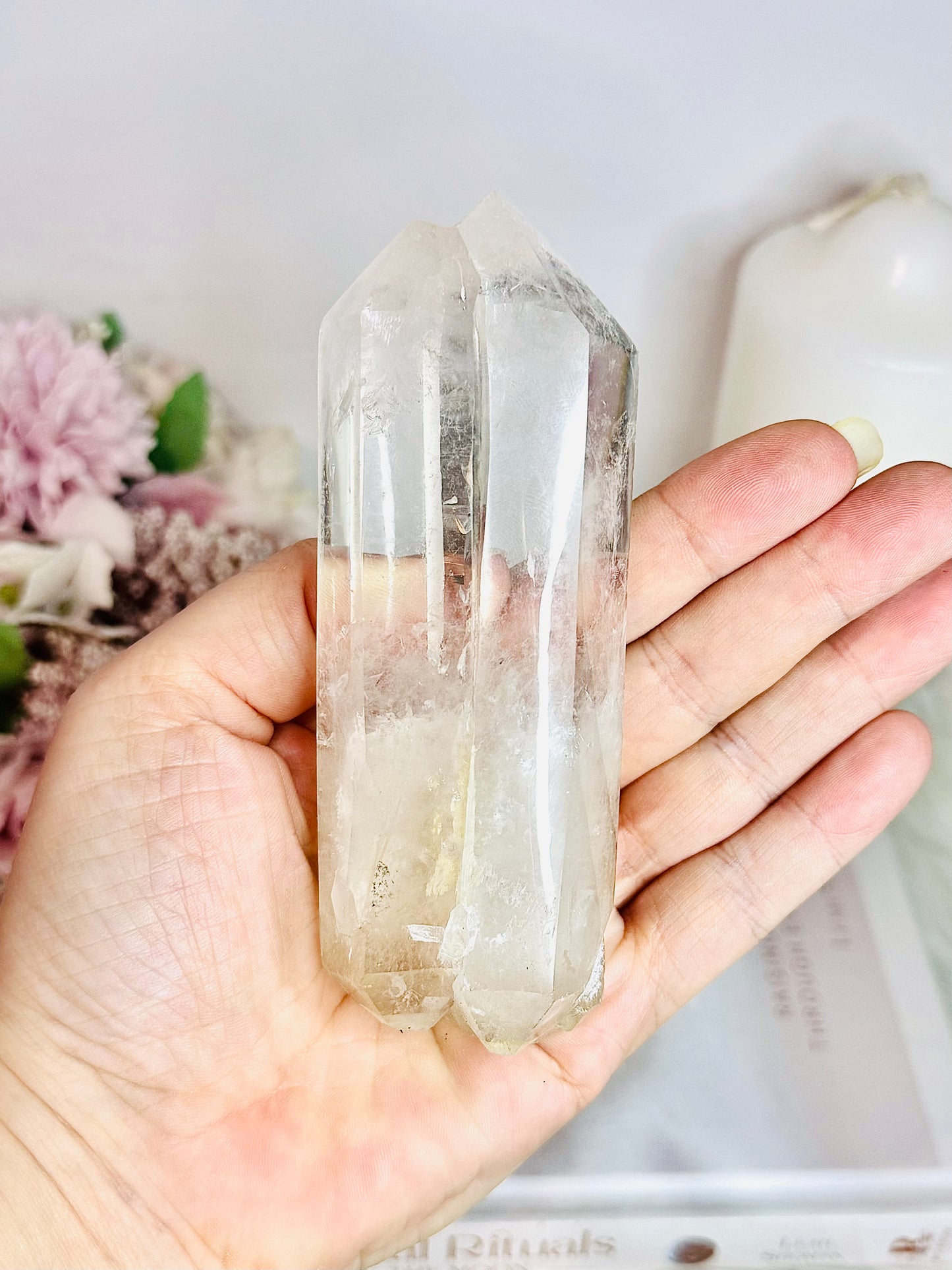 Clear Quartz Double | Twin Tower On Black Stand 17cm