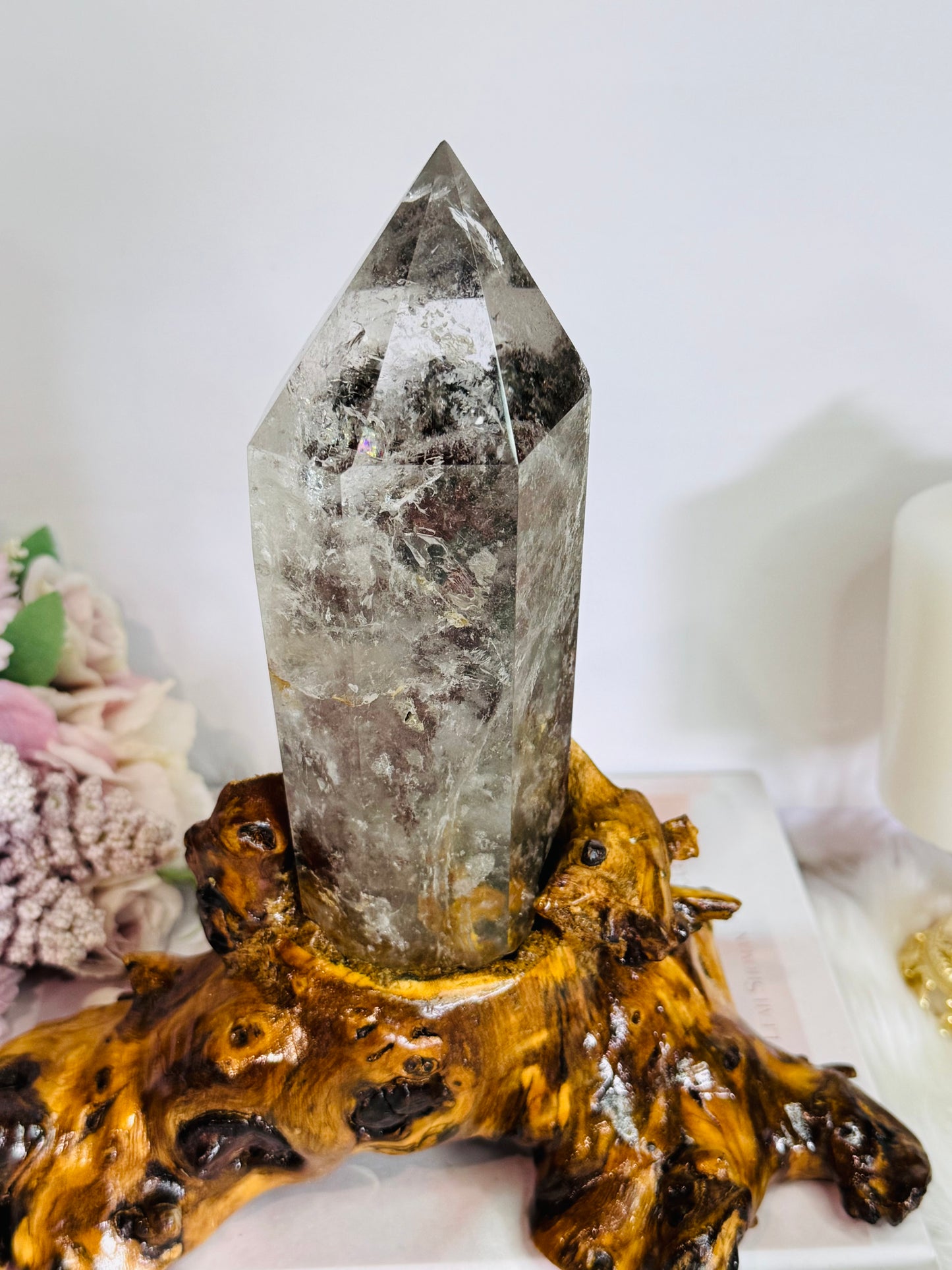 Stunning Large High Grade Garden Quartz | Lodolite Tower on Timber Base 1.02KG 21cm