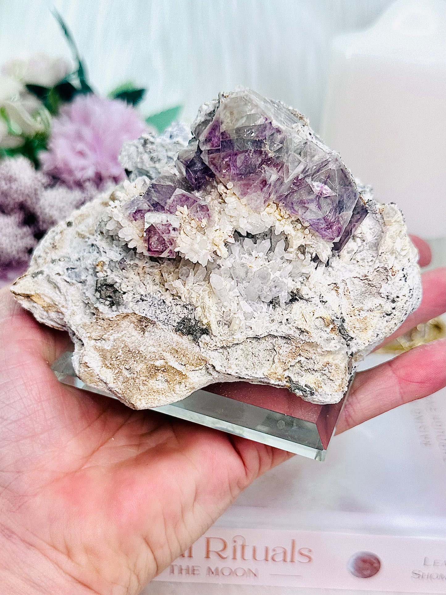 ✨ A Collectors Piece ✨ Classy & Fabulous Natural Cubed Fluorite On Matrix Specimen From Mexico 703grams ~ Specimen is on Glass Stand