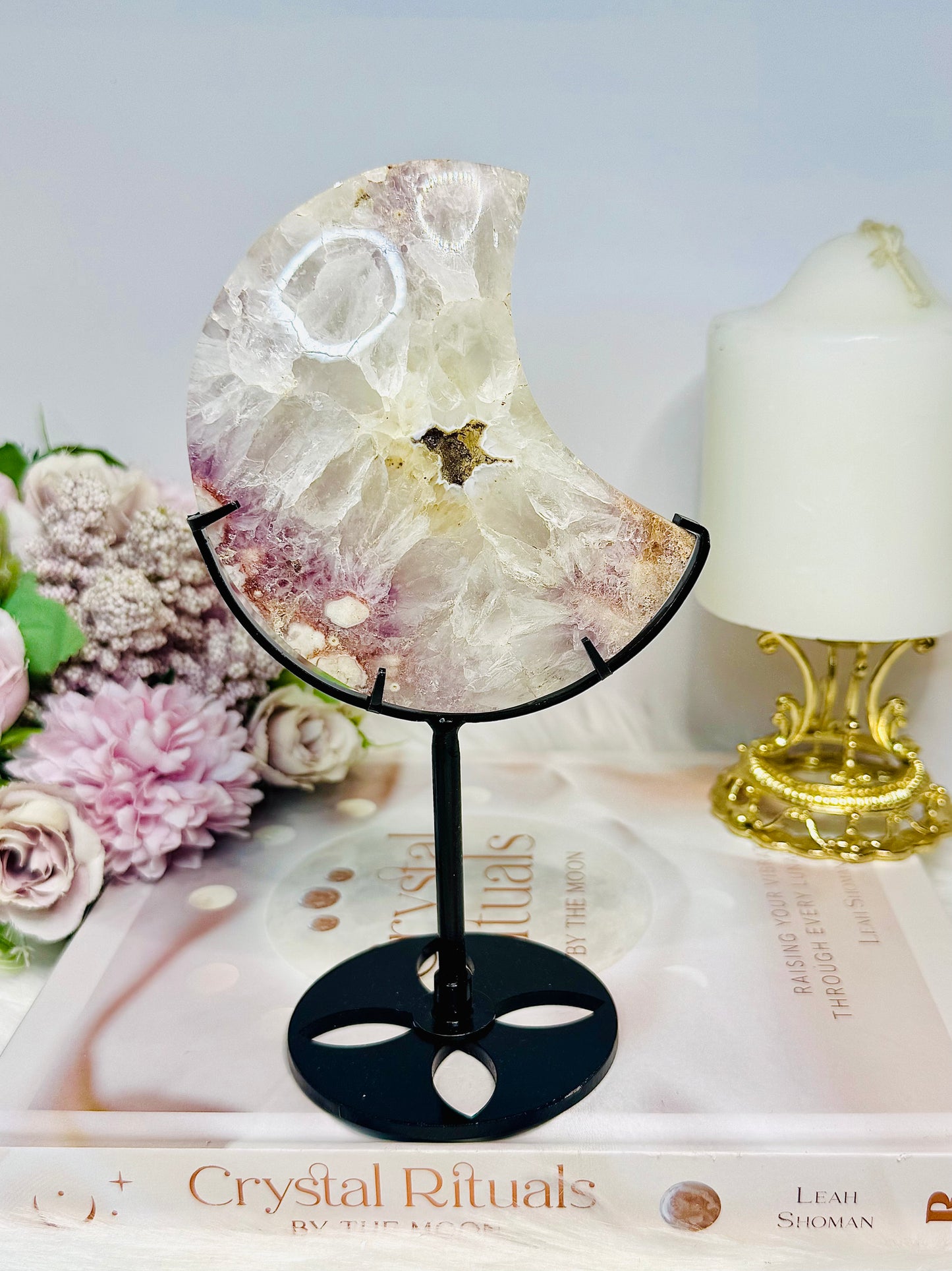 Druzy Pink Amethyst X Flower Agate Moon On Stand 17.5cm