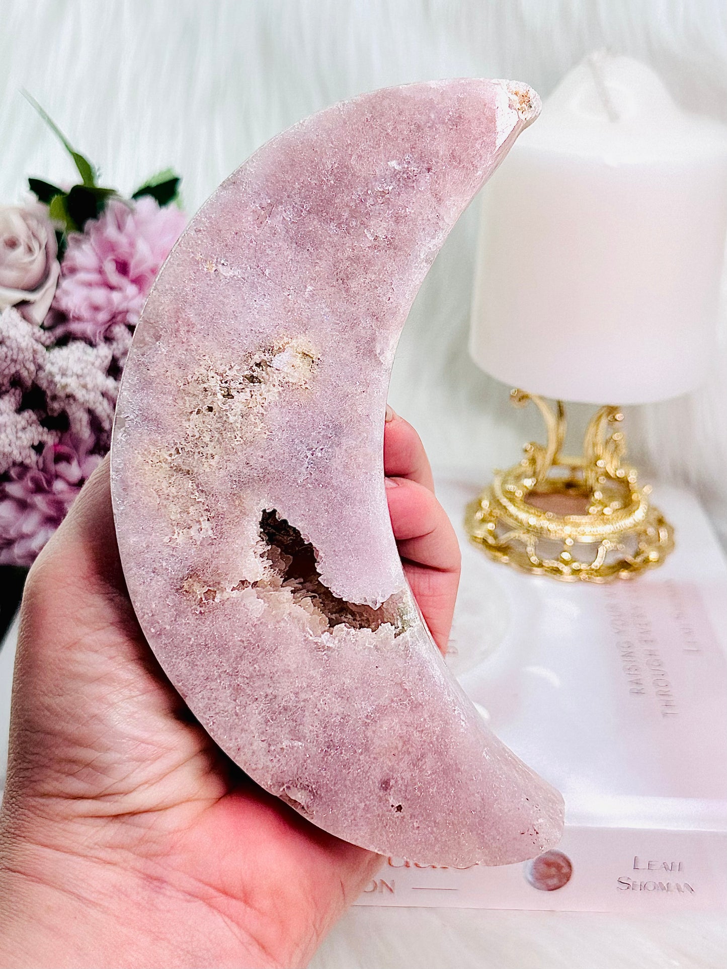 Wow!! Incredible Large Chunky 15cm Druzy Pink Amethyst Carved Moon From Brazil