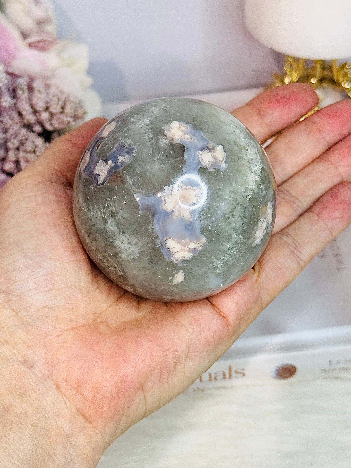 Elegant Green Flower| Blossom Agate Sphere On Stand 289grams