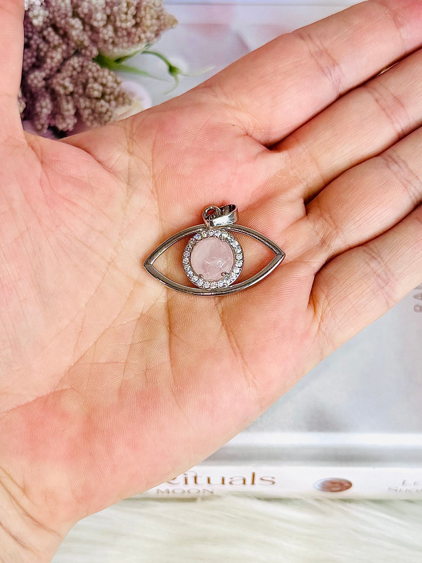 Beautiful Rose Quartz Evil Eye Pendant In Gift Bag