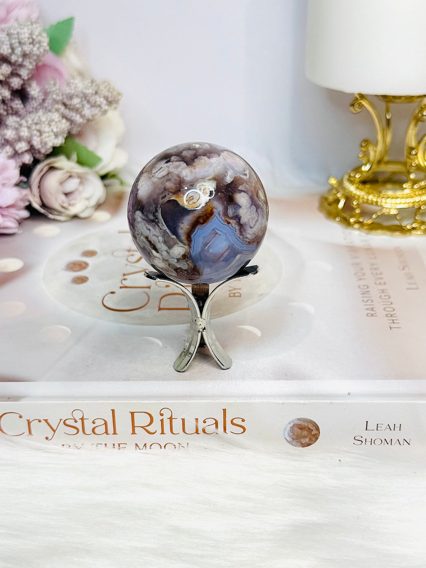 High Grade Blue Flower Agate Sphere on Stand 104g