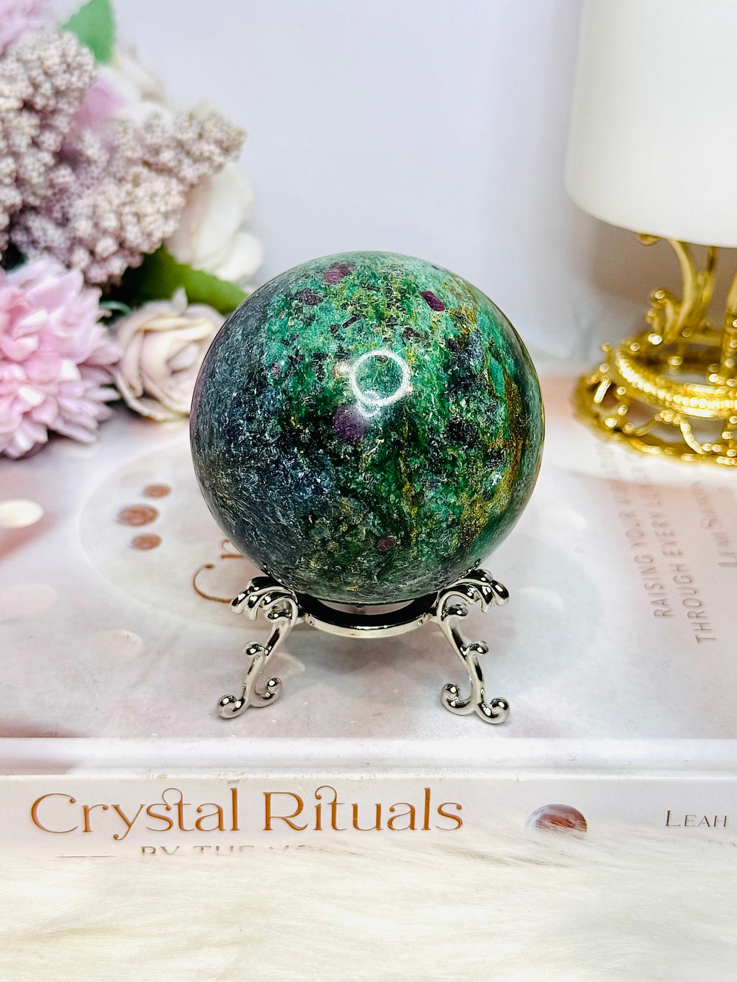 Large Ruby Fuchsite Sphere on Stand UV Reactive 422g