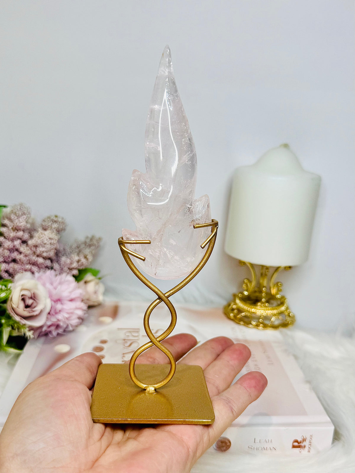 Rose Quartz Flame on Gold Stand 18cm